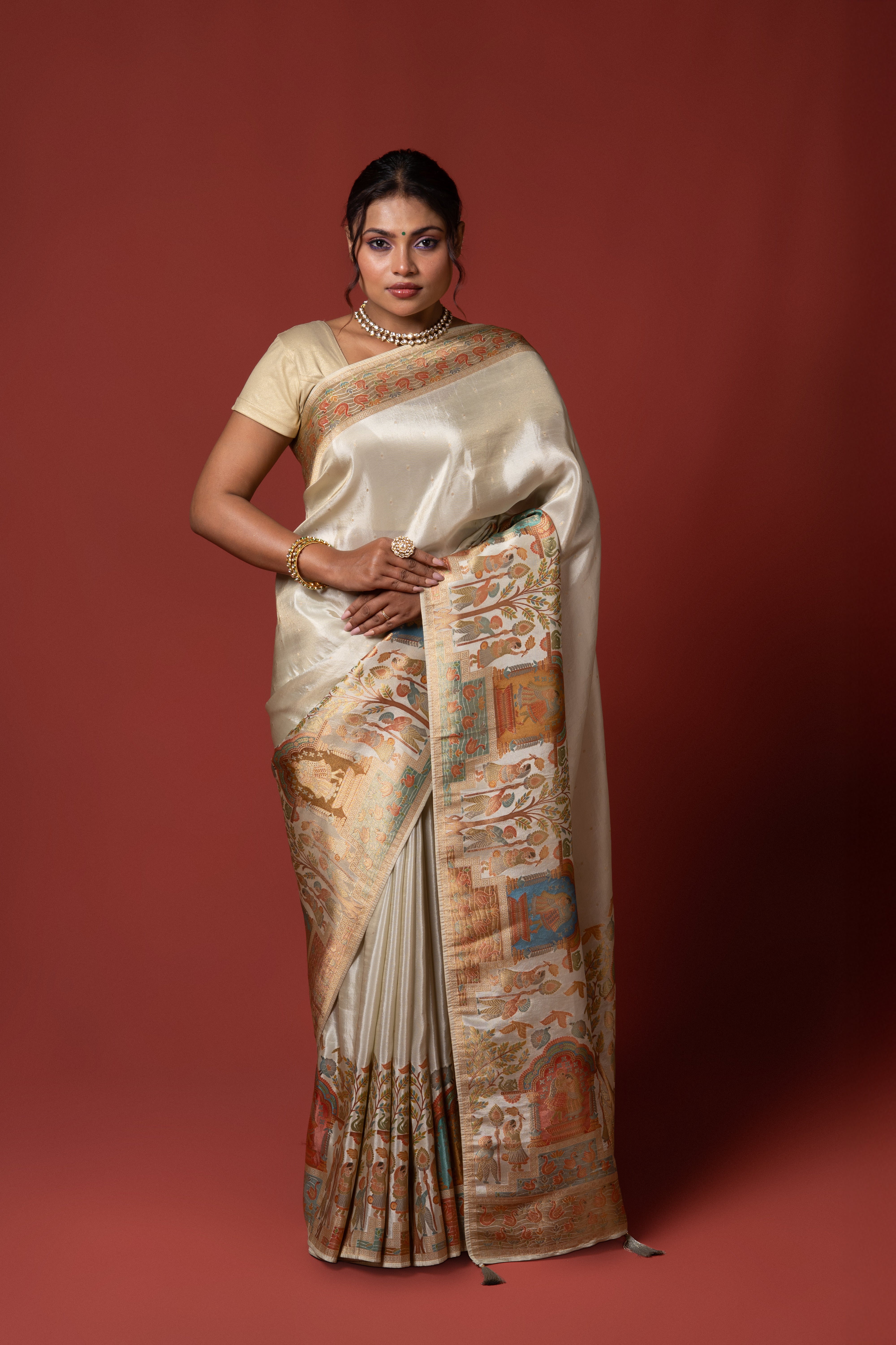 Cream Tussar Silk Saree