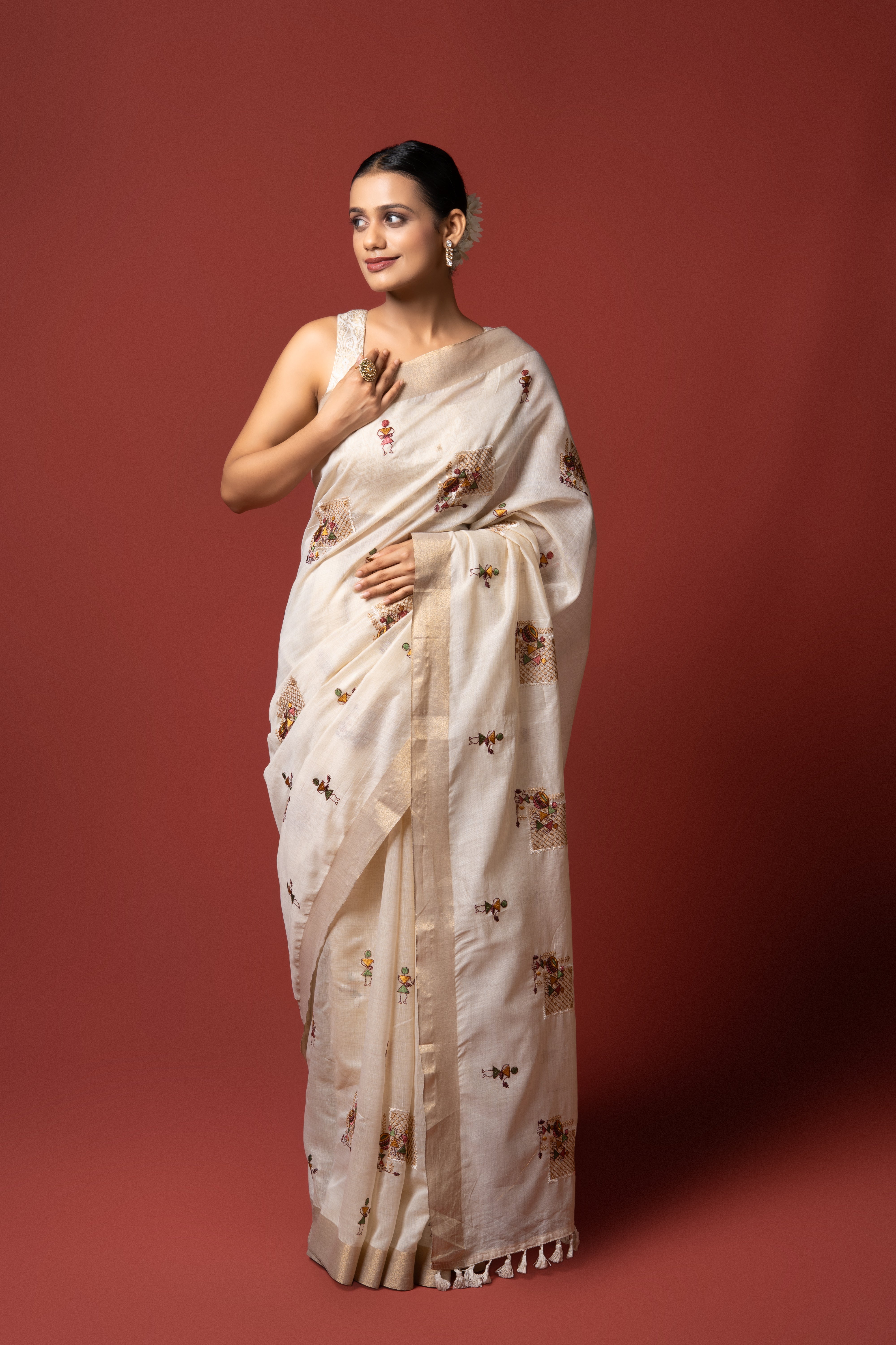 Cream Cotton Saree with Warli Thread Work