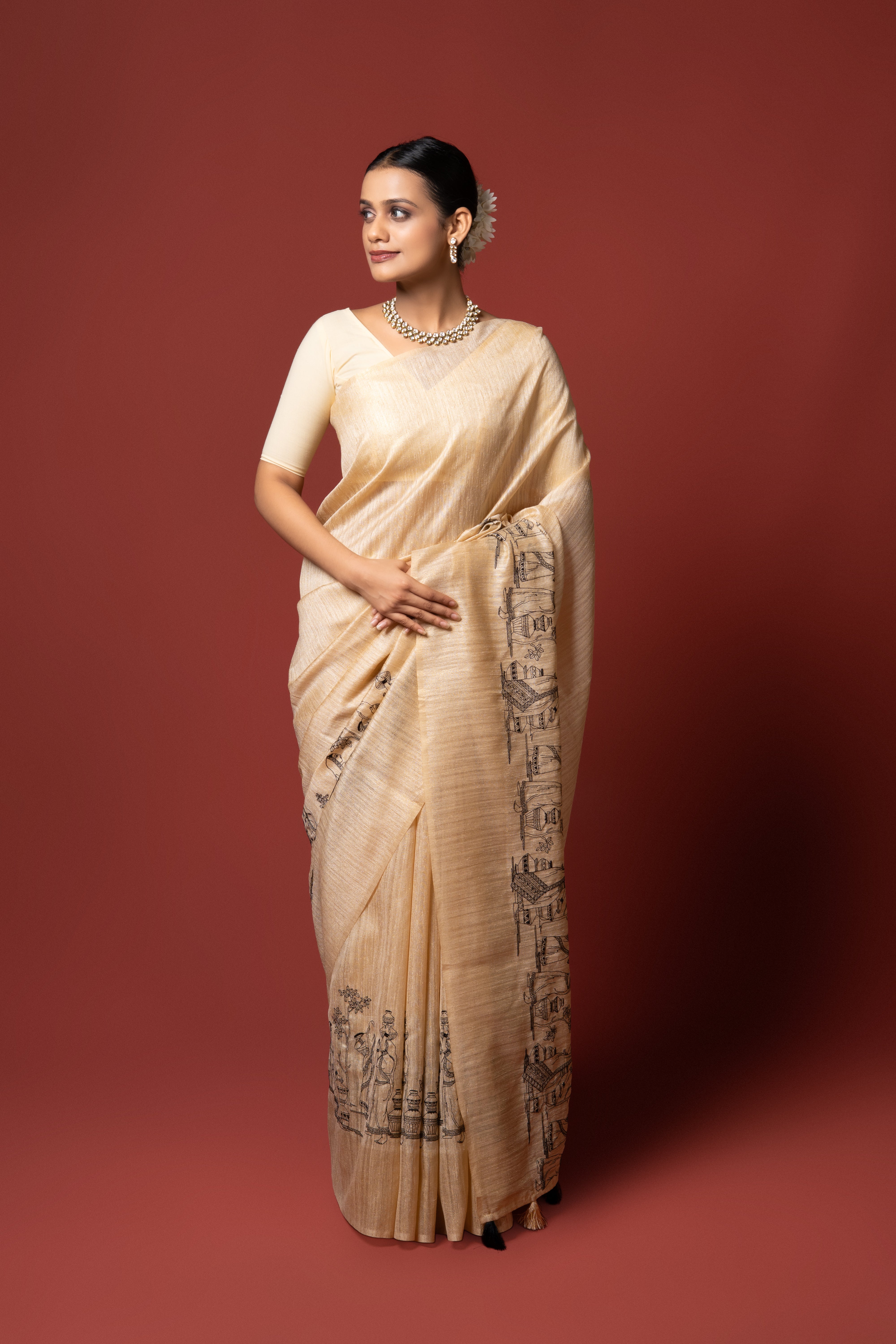 Cream Tussar Silk Saree with Thread Work