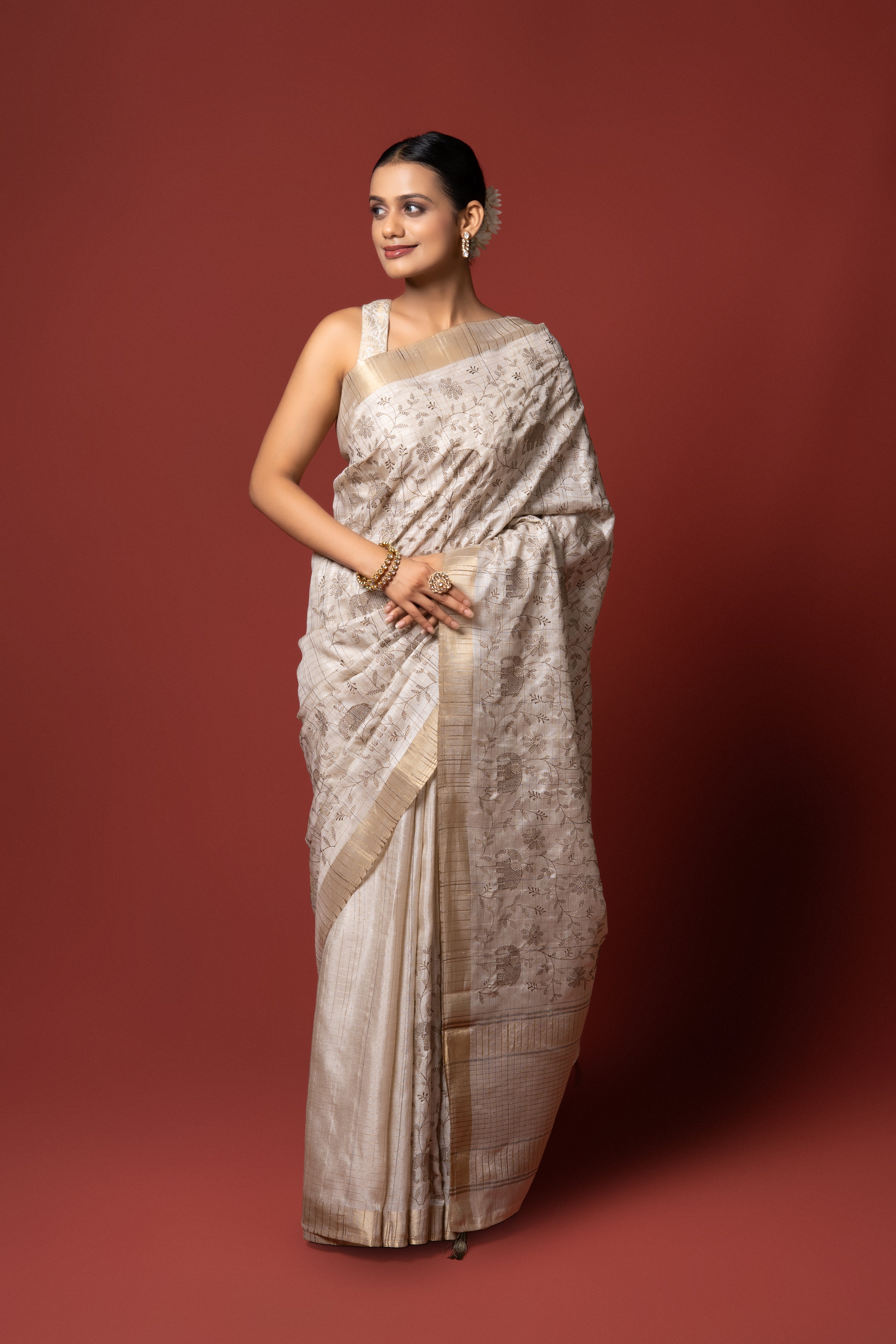 Cream Tussar Silk Saree with Thread Work
