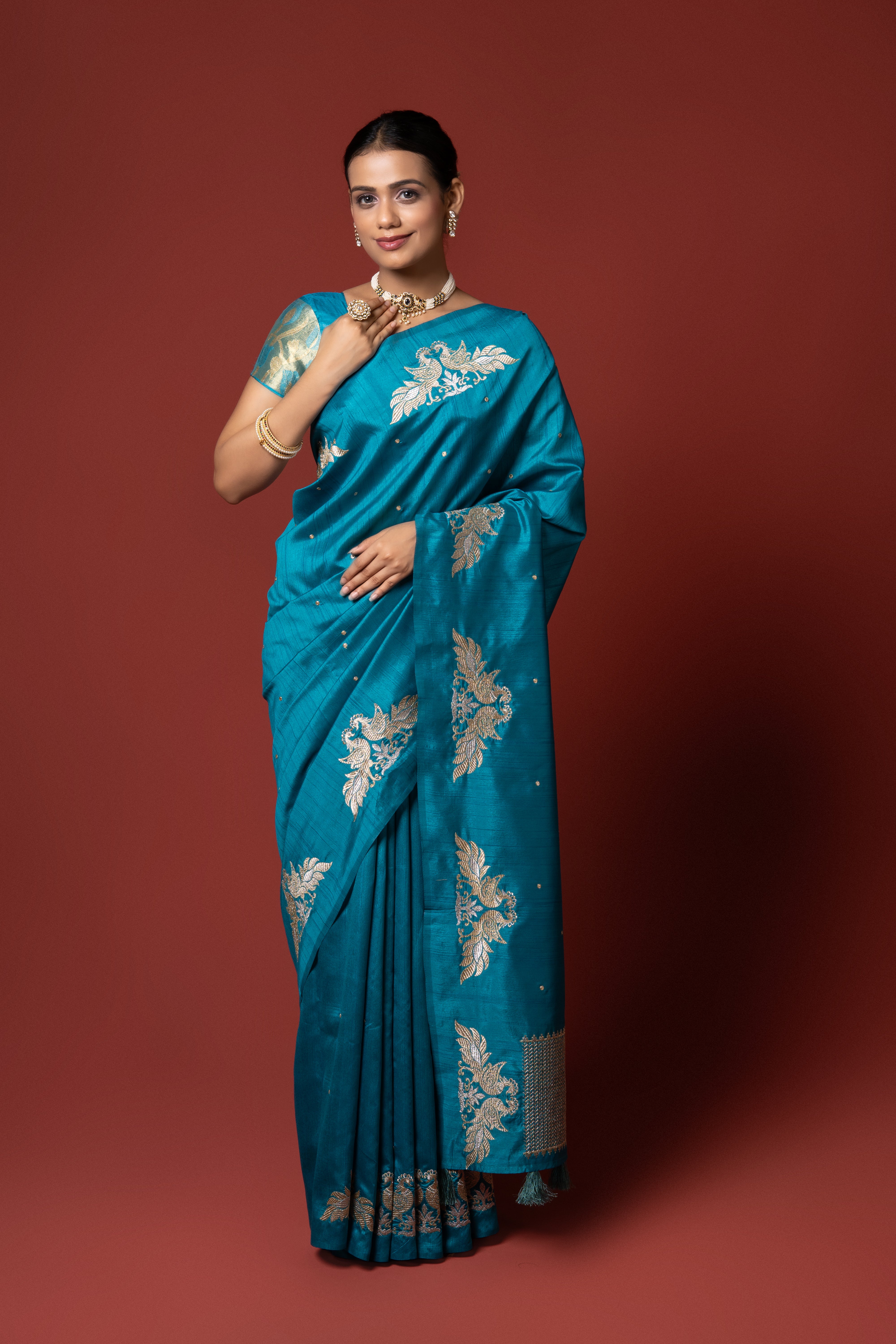 Teal Tussar Silk Saree