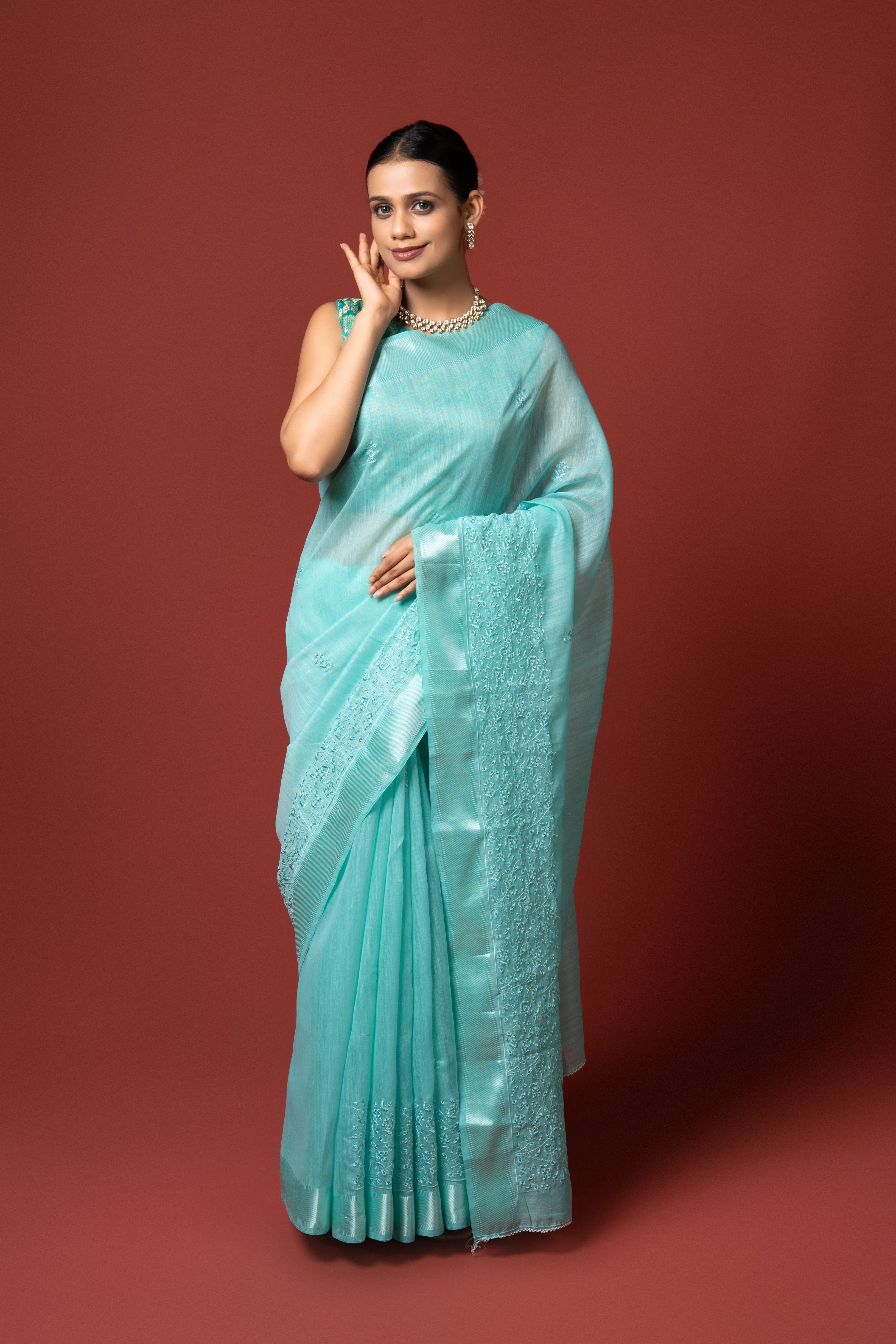 Sea Green Cotton Saree with Thread Work
