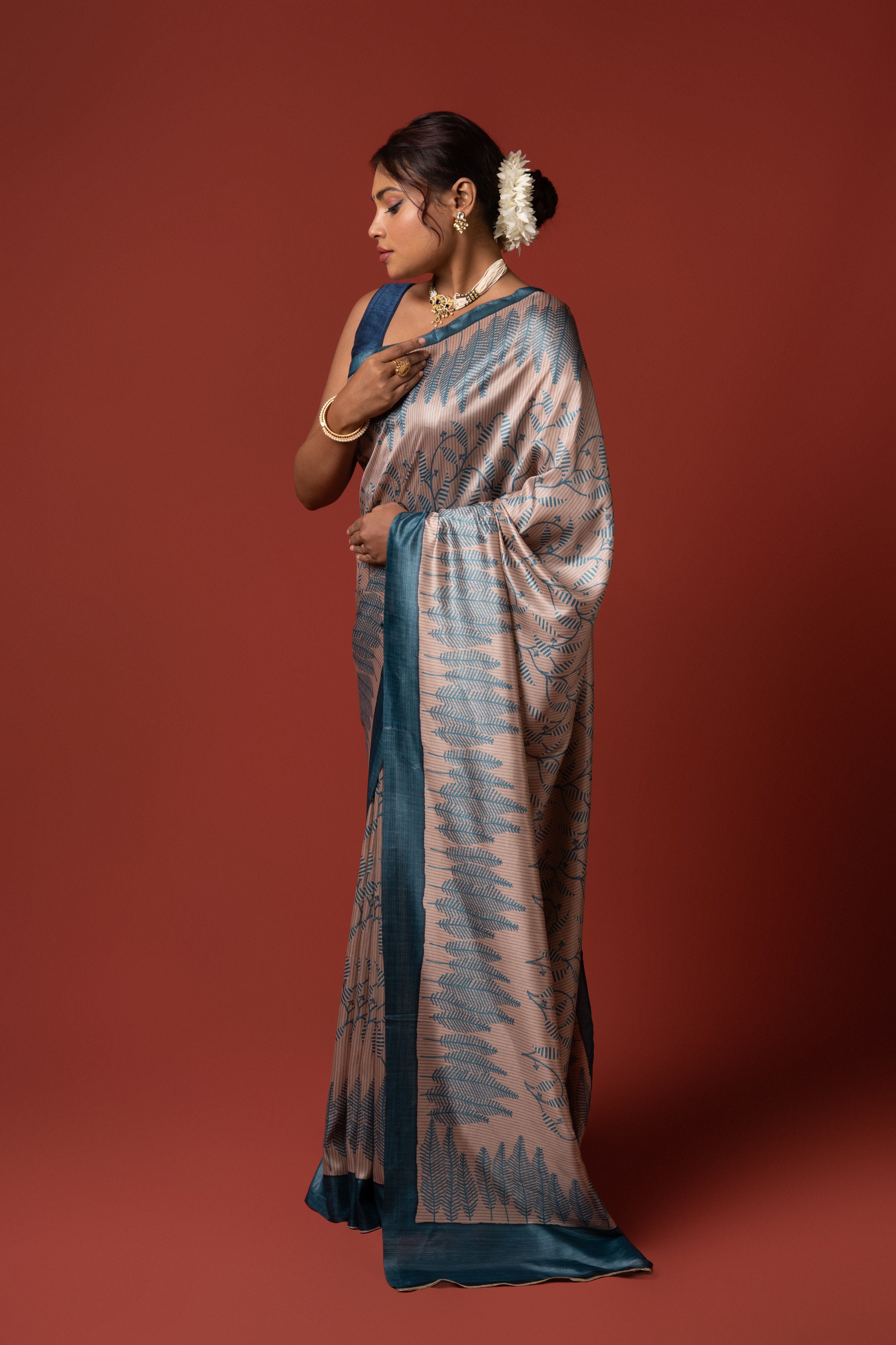 Beige And Blue Crepe Silk Saree