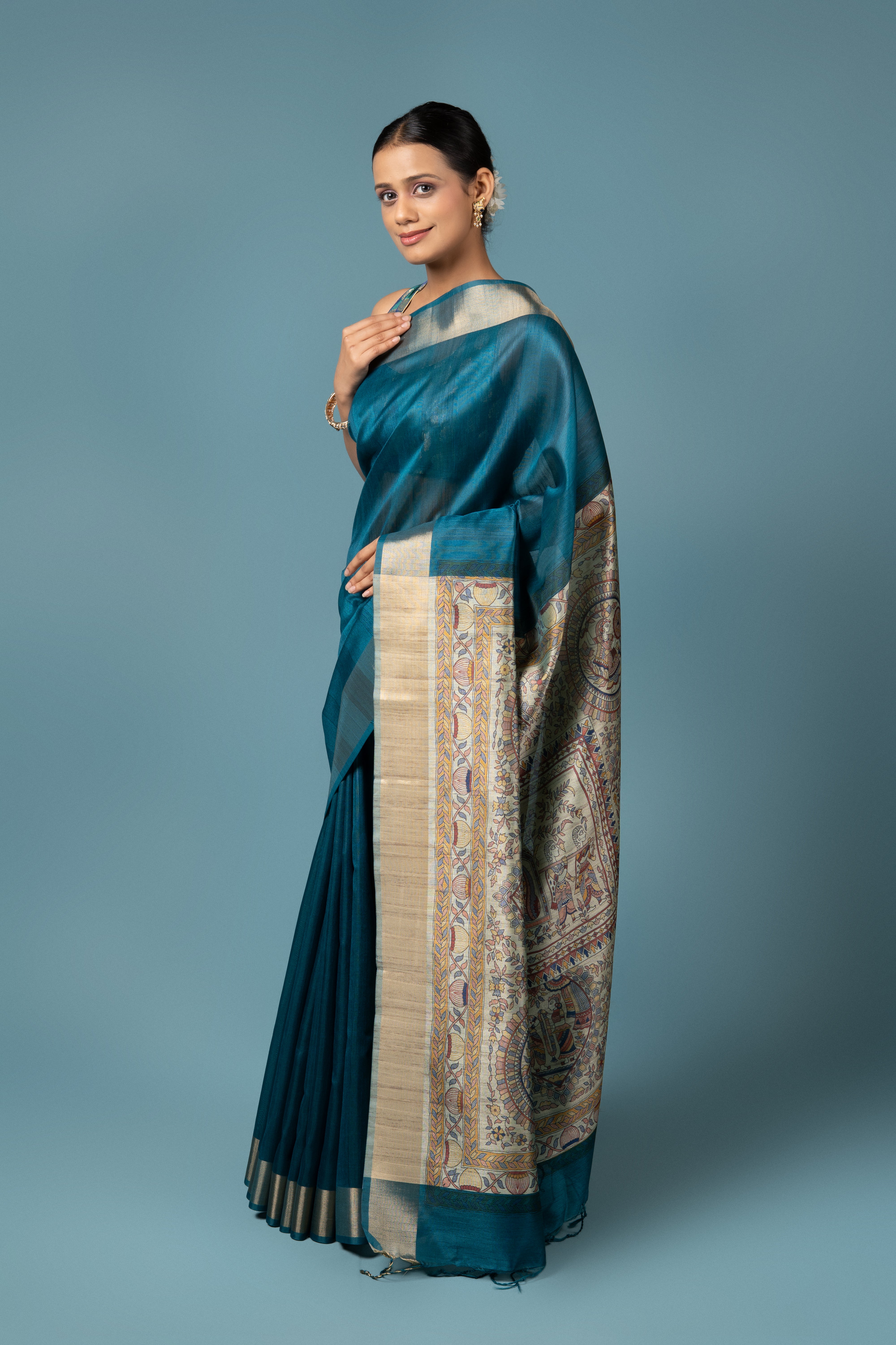 Peacock Blue Tussar Silk Saree With Madhubani Print