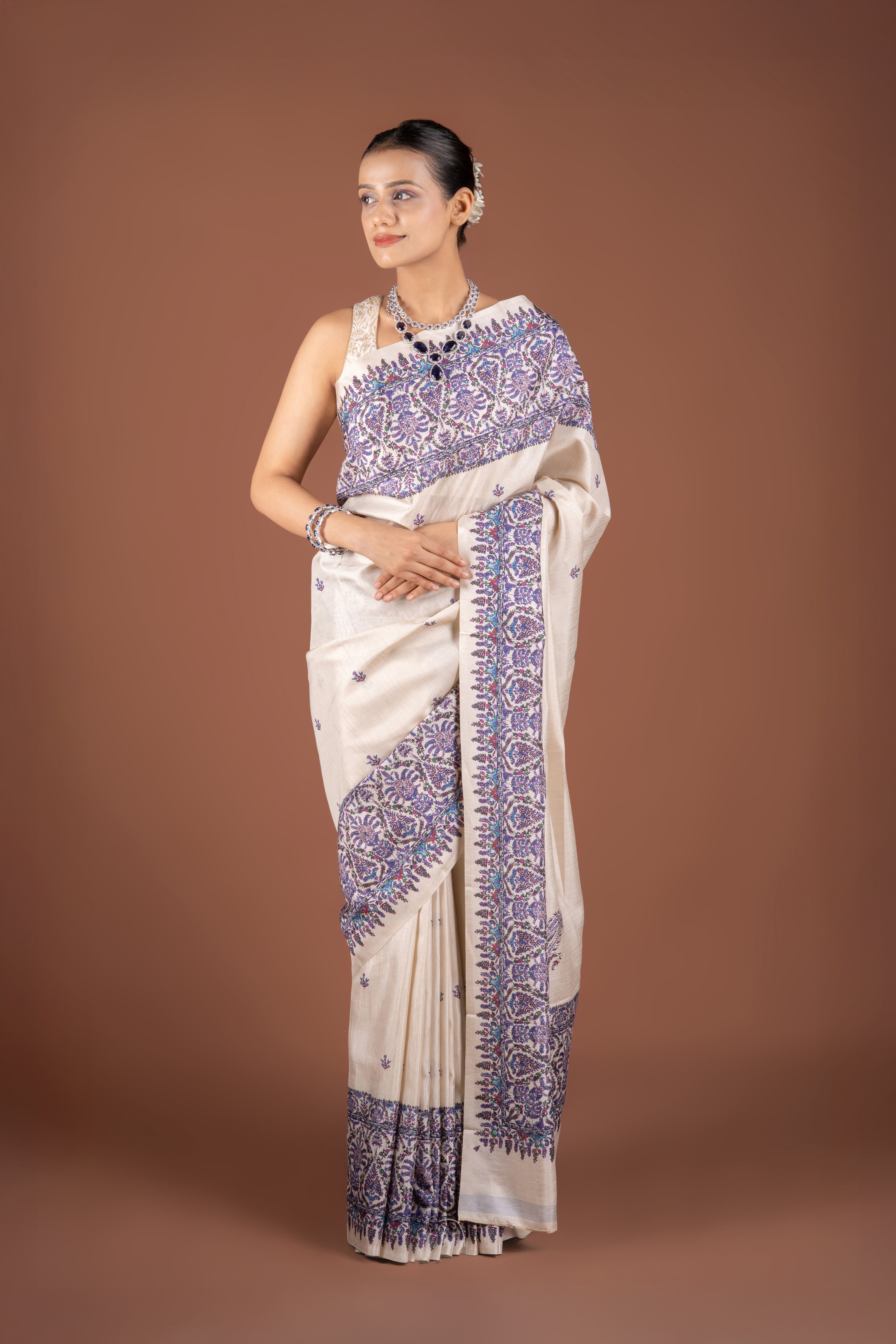 Cream Tussar Silk Saree with Block Print