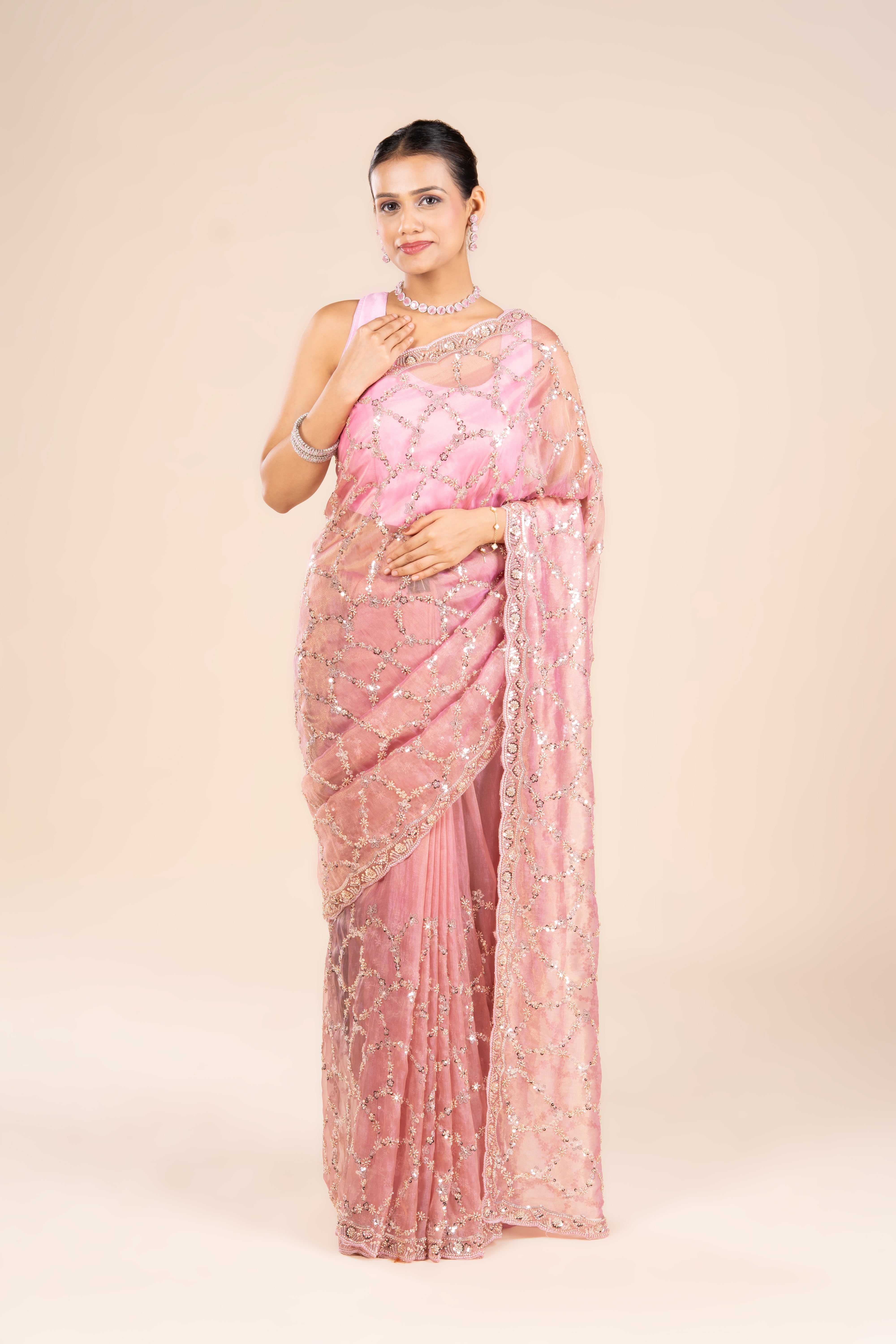 Pink Organza Saree with Stonework