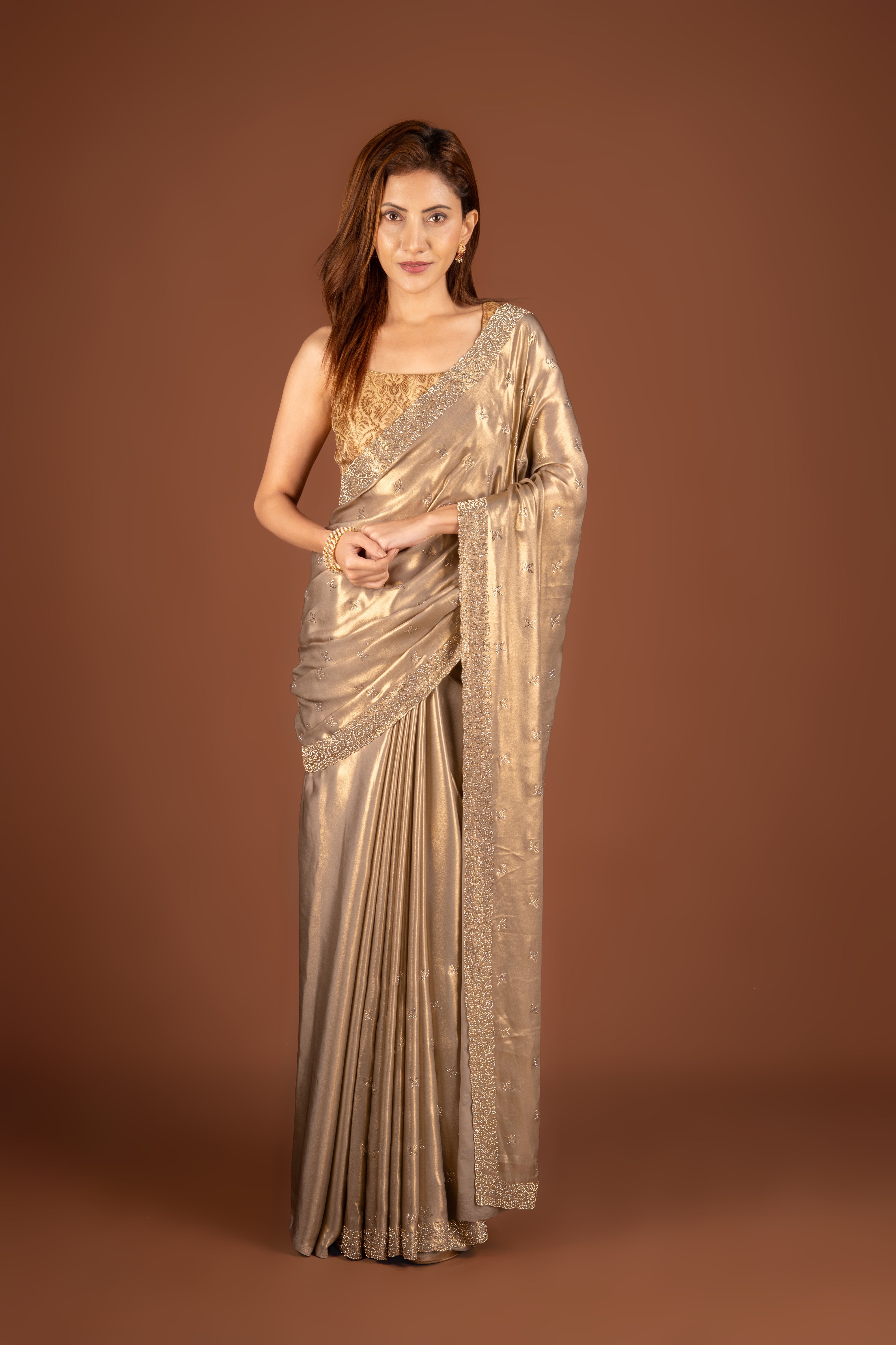 Gold Georgette Saree With Stonework