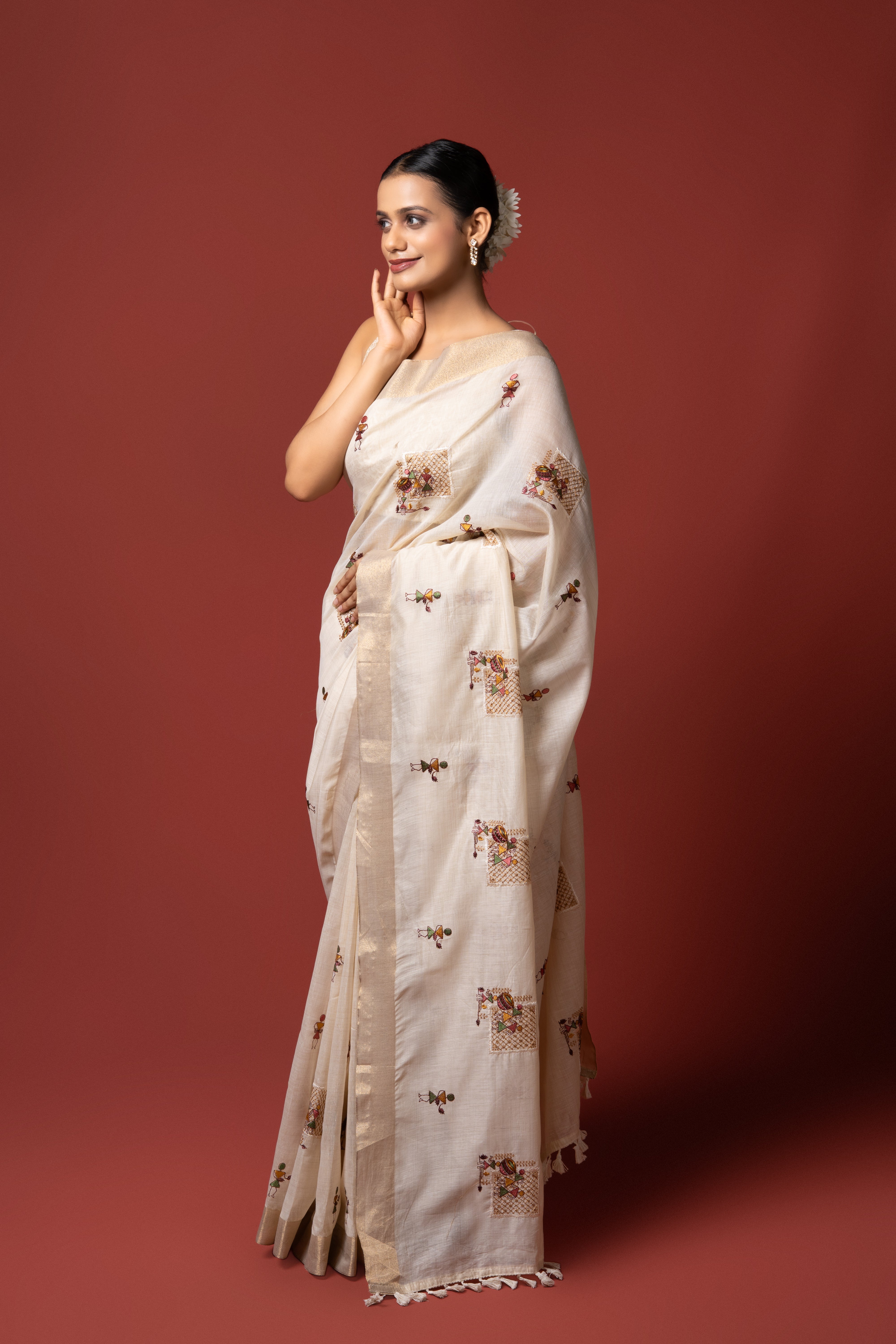 Cream Cotton Saree with Warli Thread Work