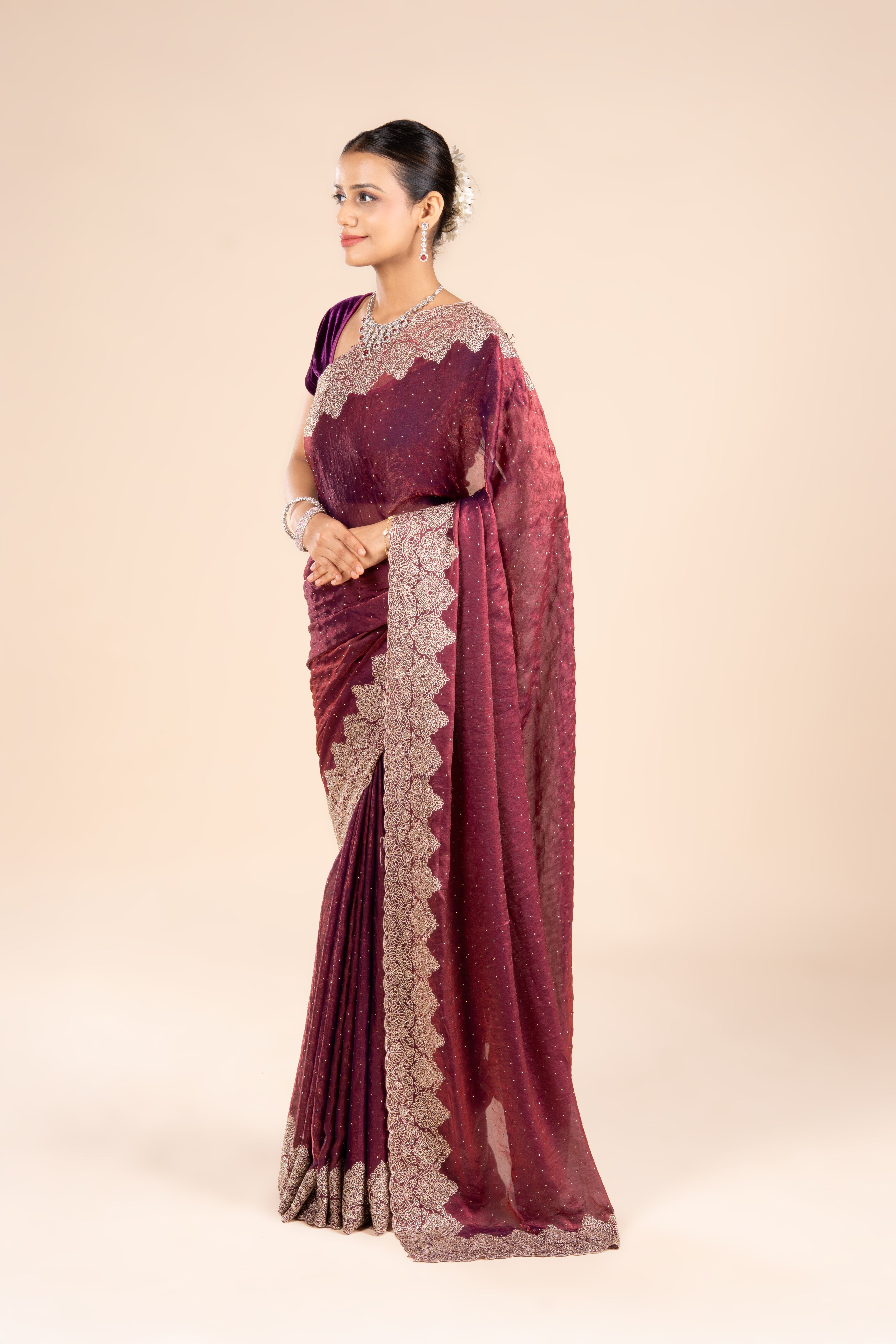 Maroon Organza Saree with Swarowski work