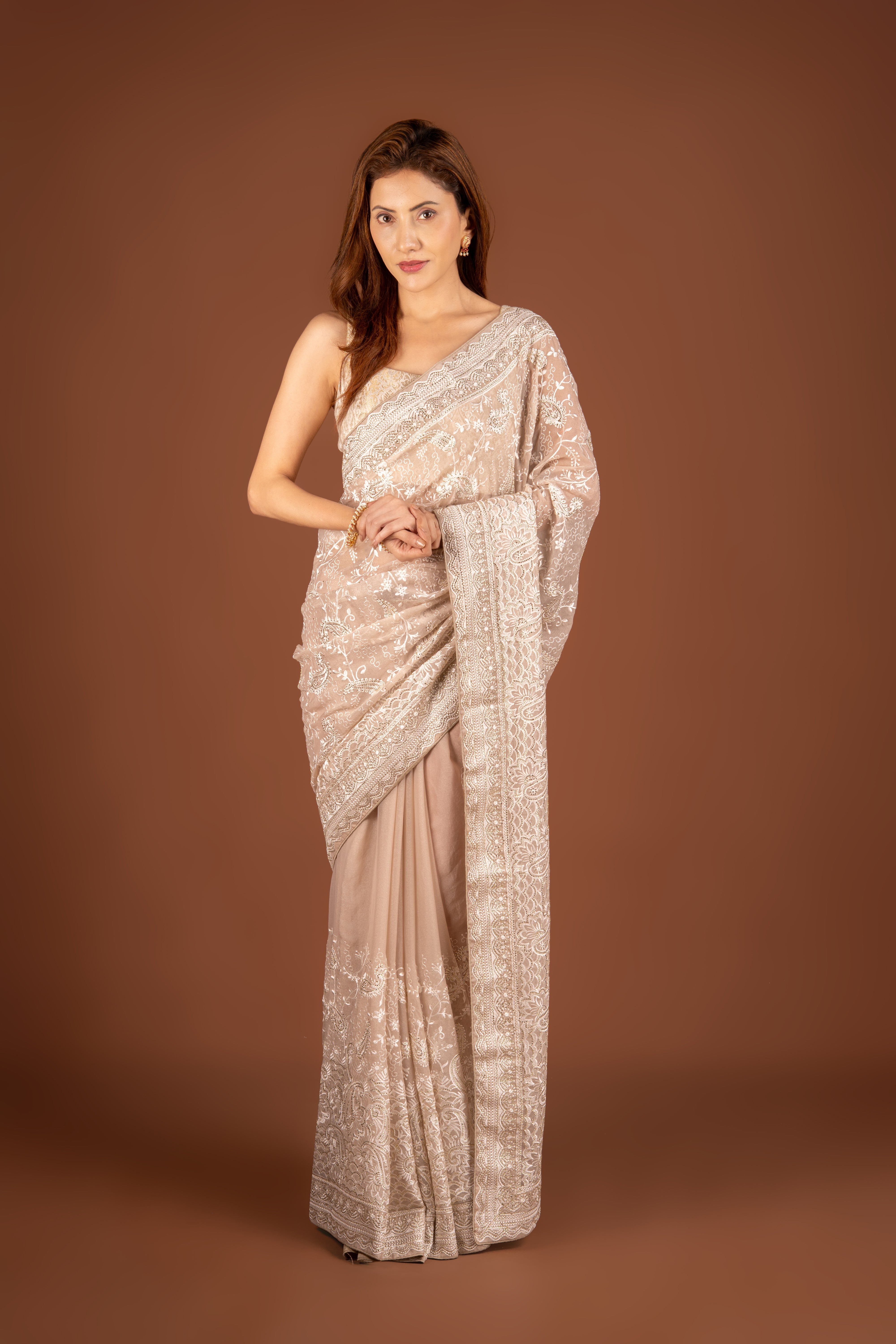 Beige Organza Saree with Stonework