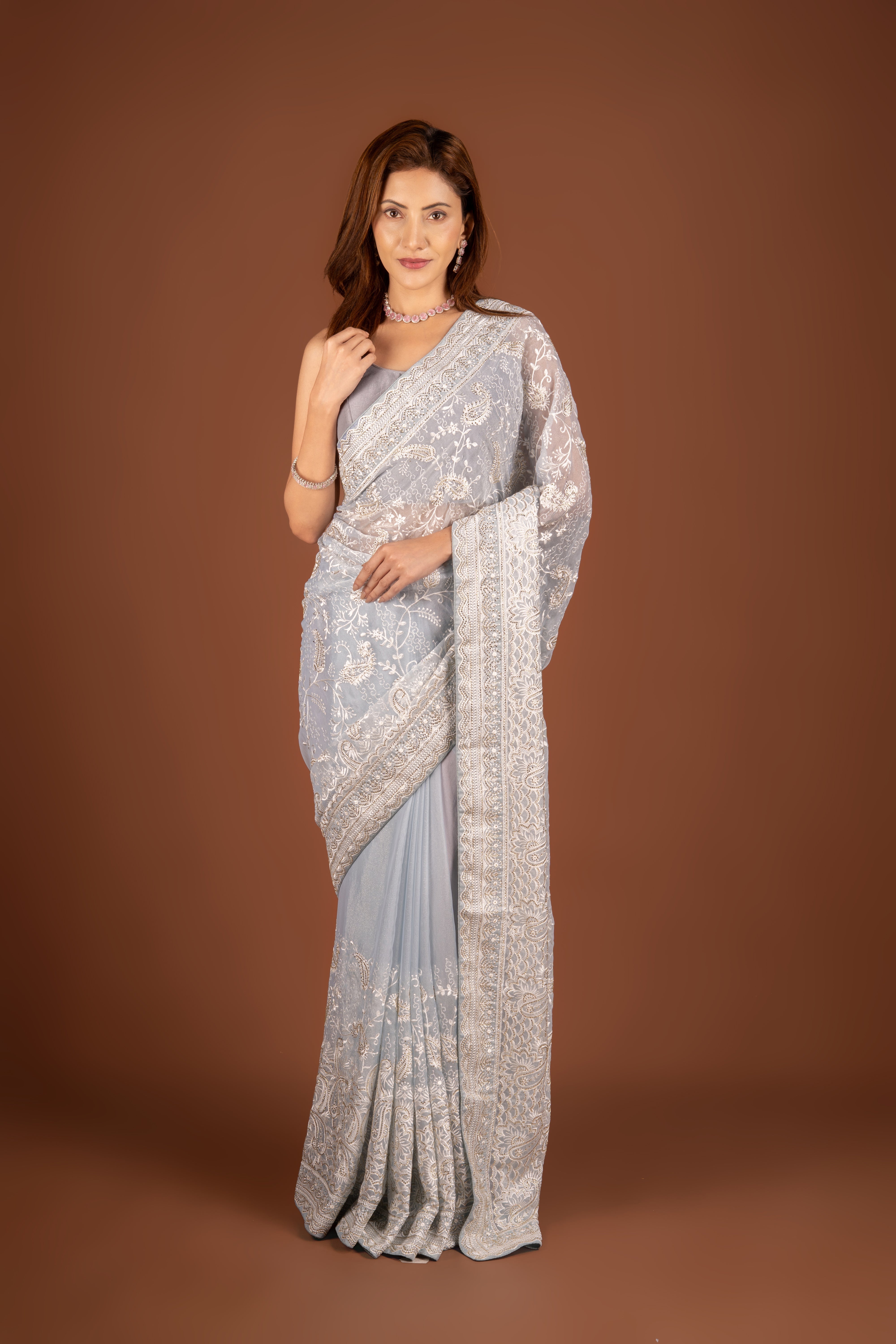 Pastel Blue Organza Saree with Stonework