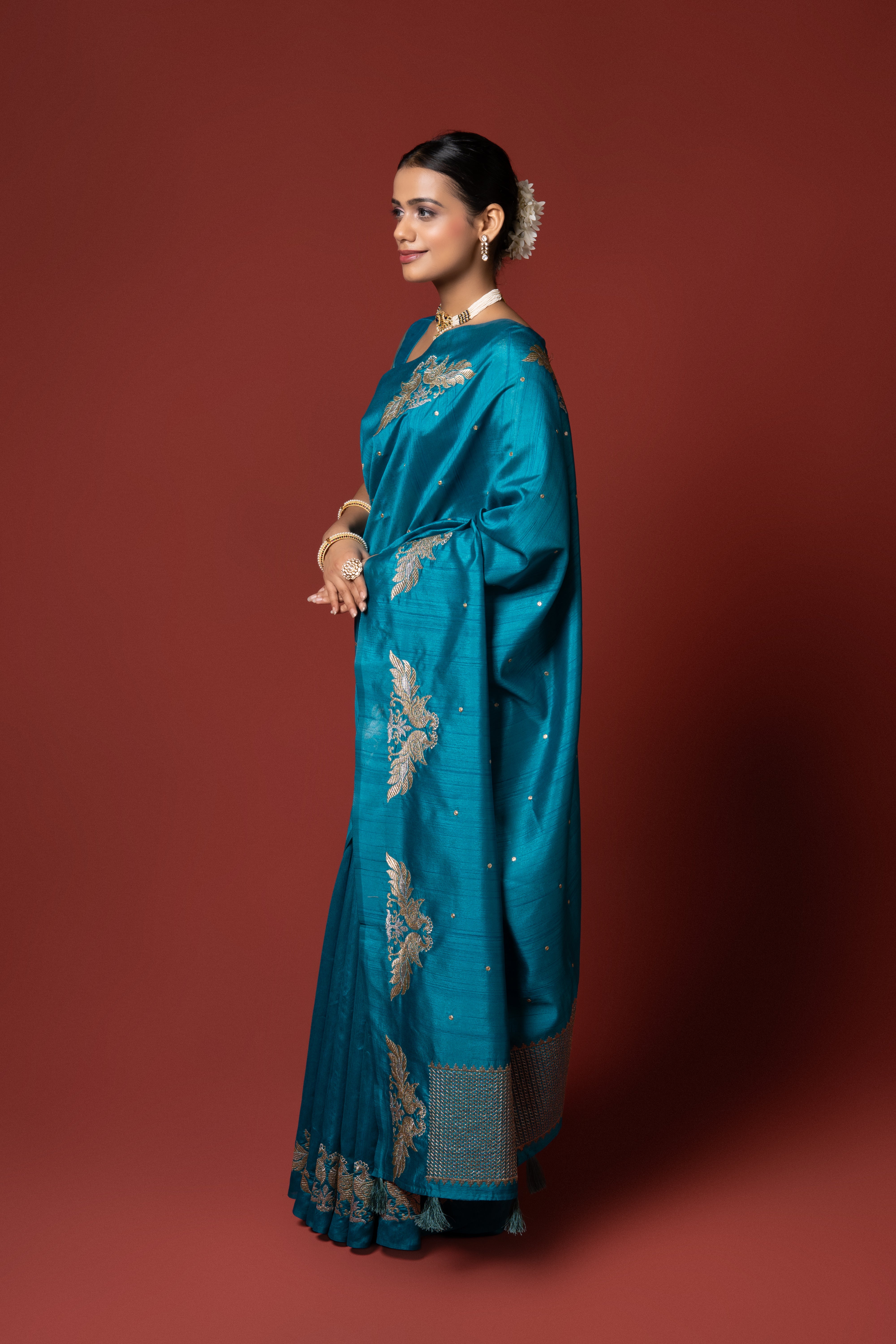 Teal Tussar Silk Saree