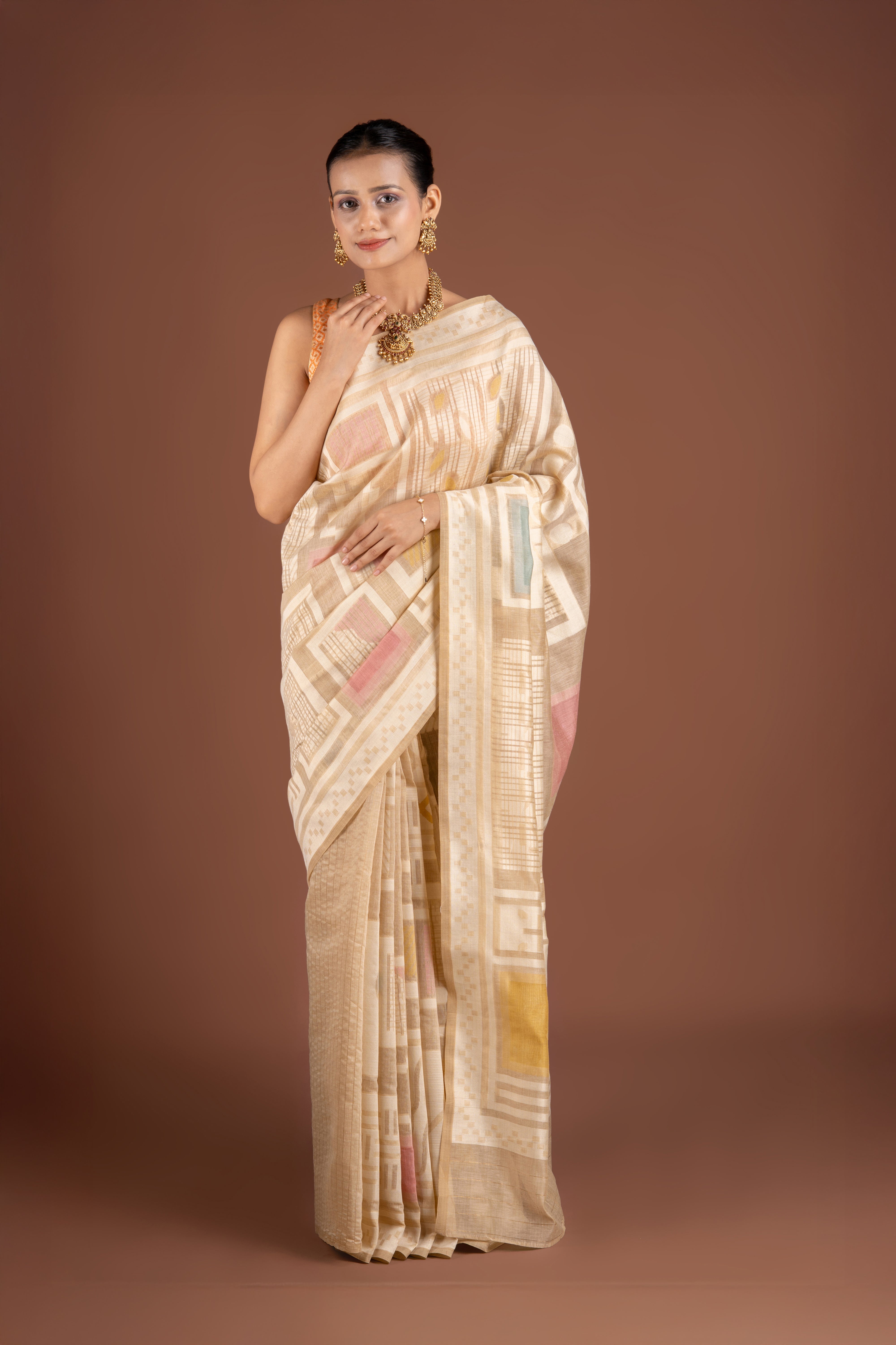 Earthy Beige Cotton Saree with Geometric pattern