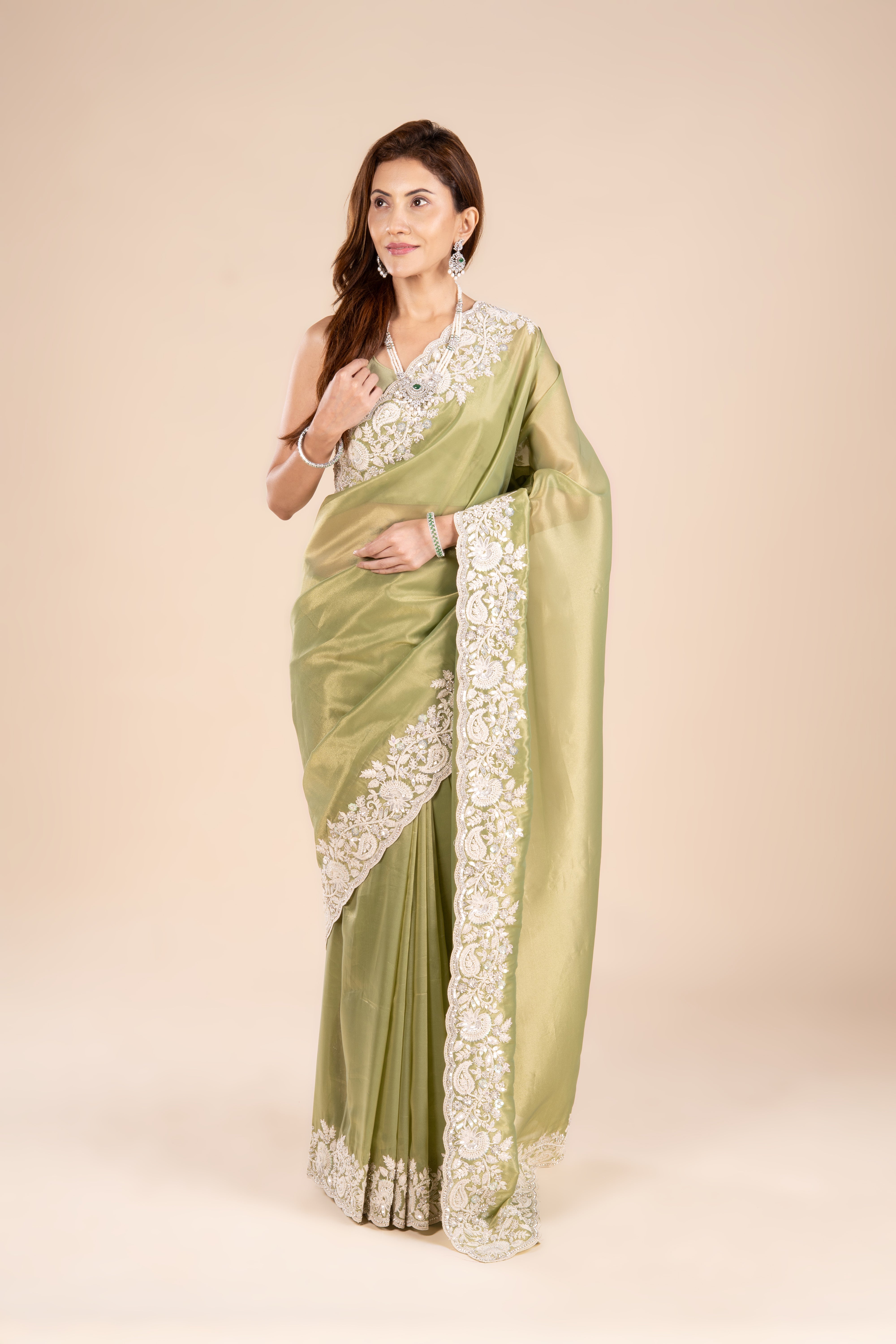 Green Organza Saree with Stonework