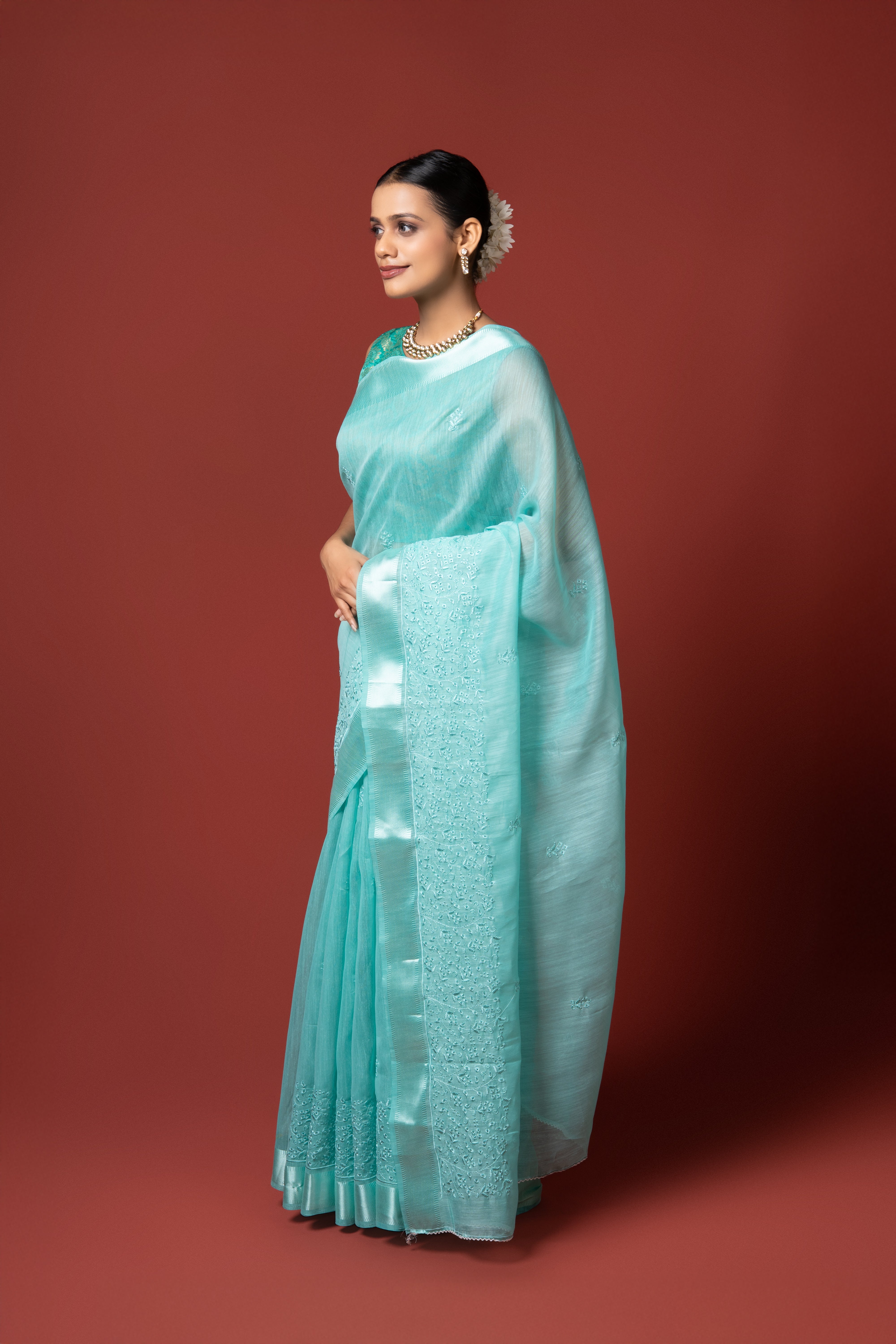 Sea Green Cotton Saree with Thread Work