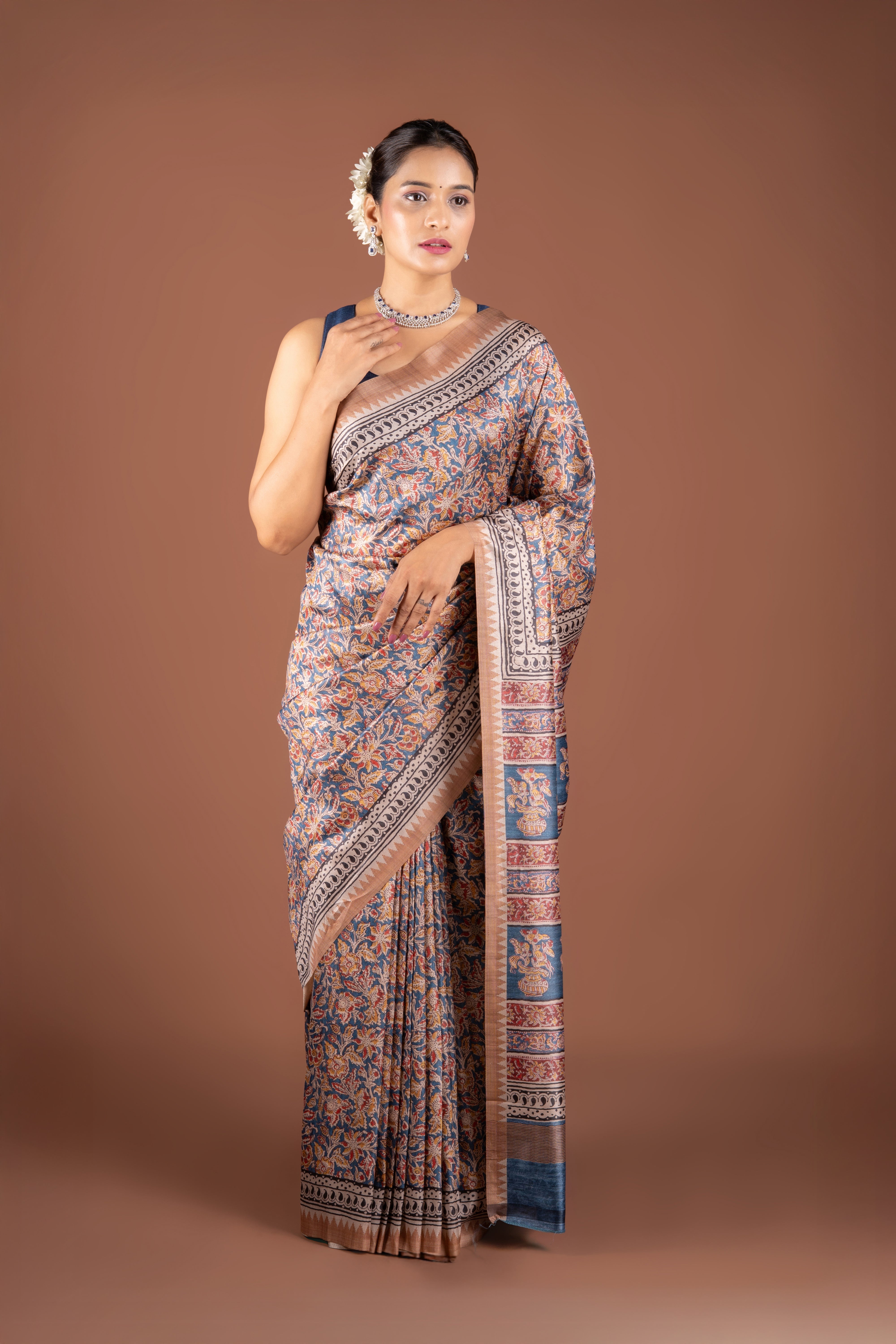 Blue Dupion Silk Saree with Floral Print