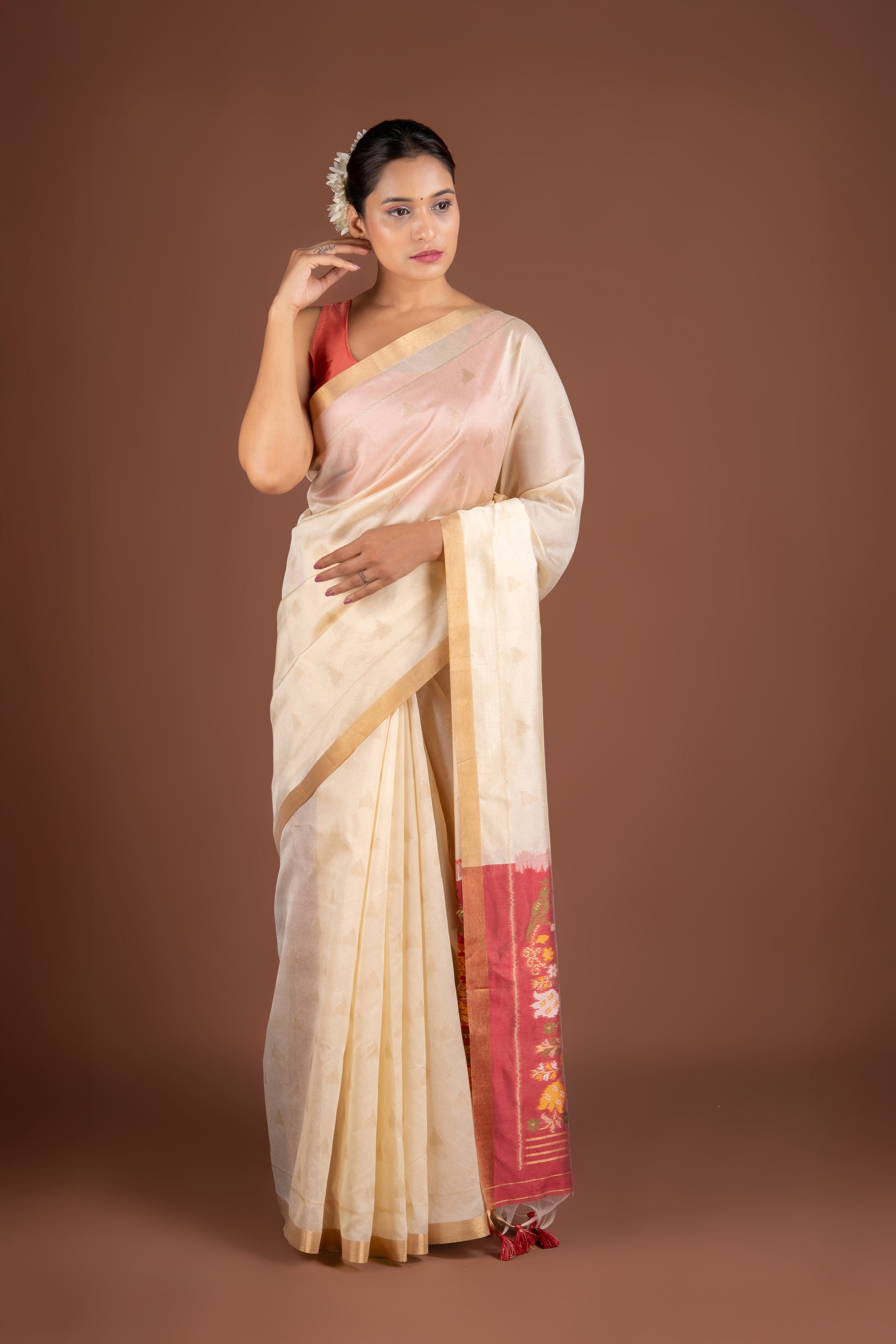 Cream Tussar Silk Saree