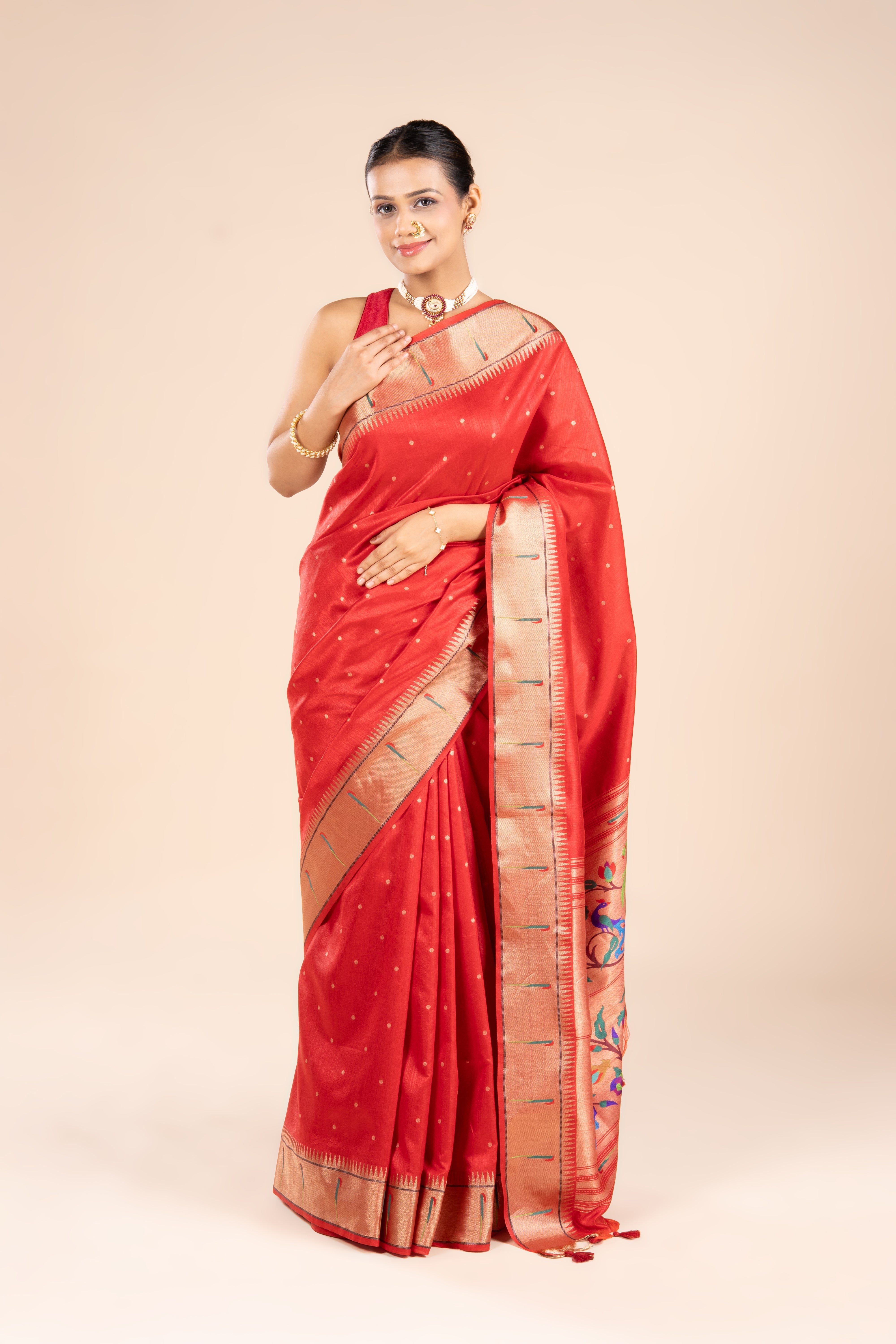 Red Tussar Silk Paithani Saree with Munya Border