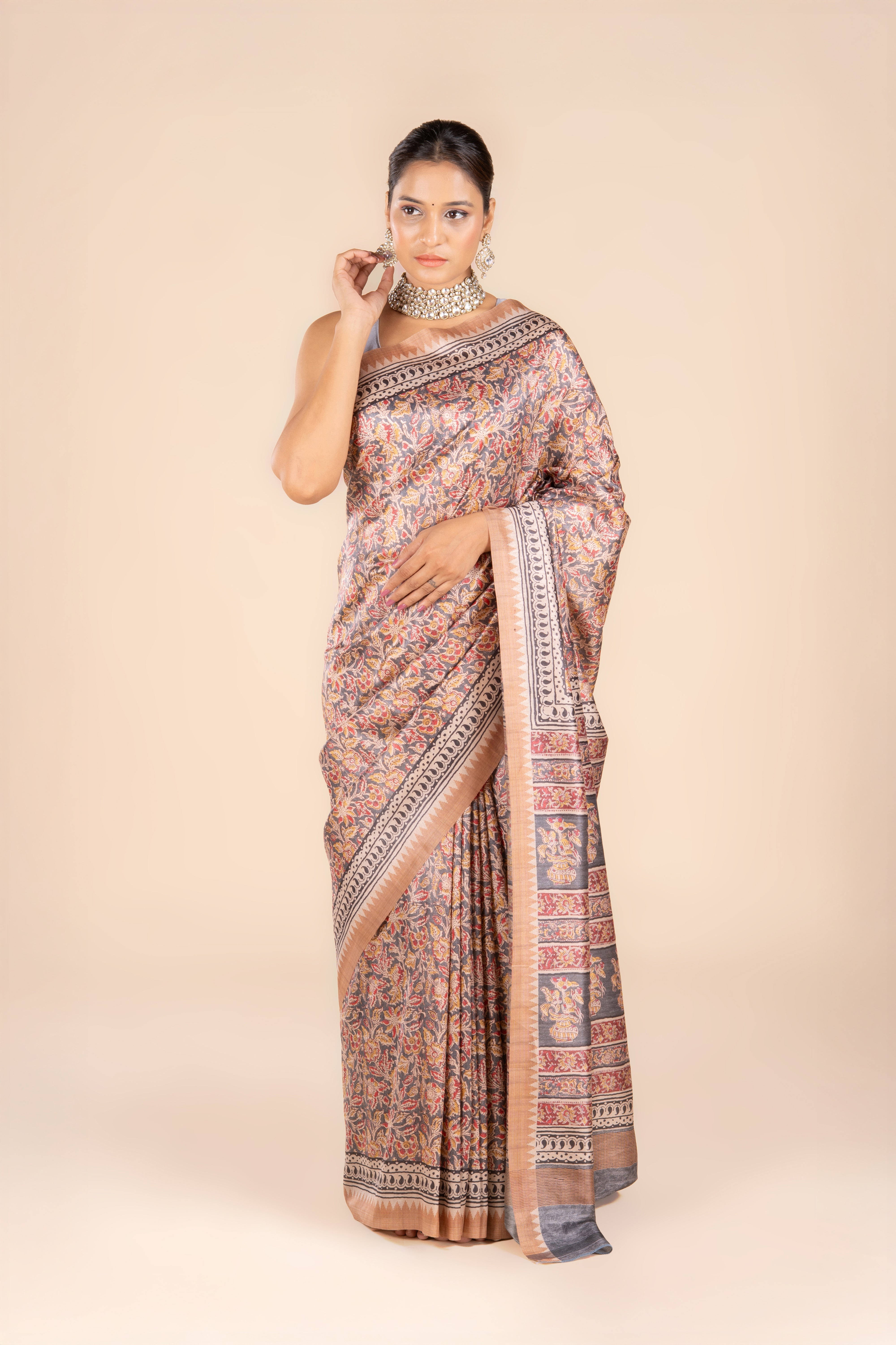 Grey Dupion Silk Saree with Floral Print