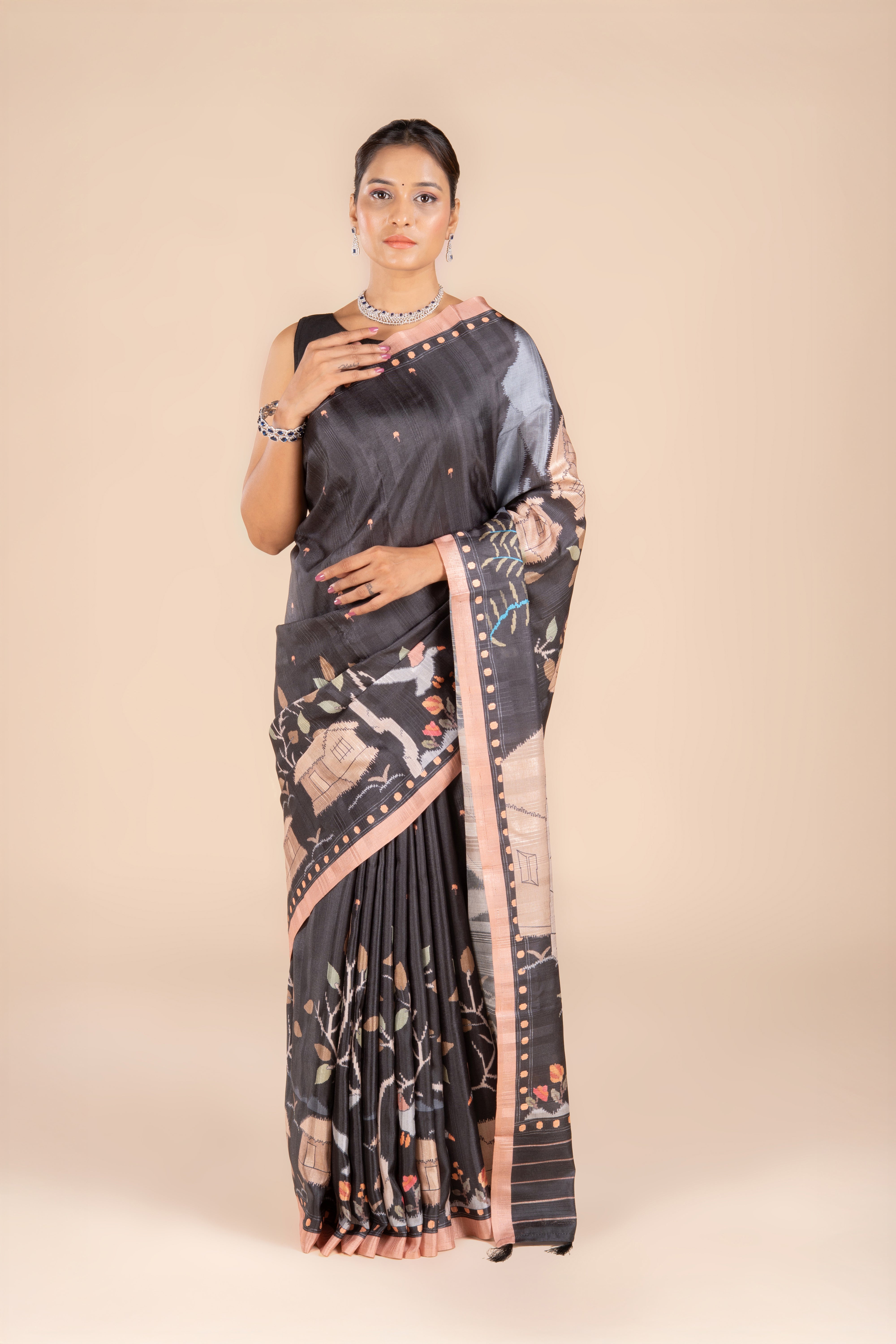 Dark Grey Tussar Silk Saree with Ajrak Print
