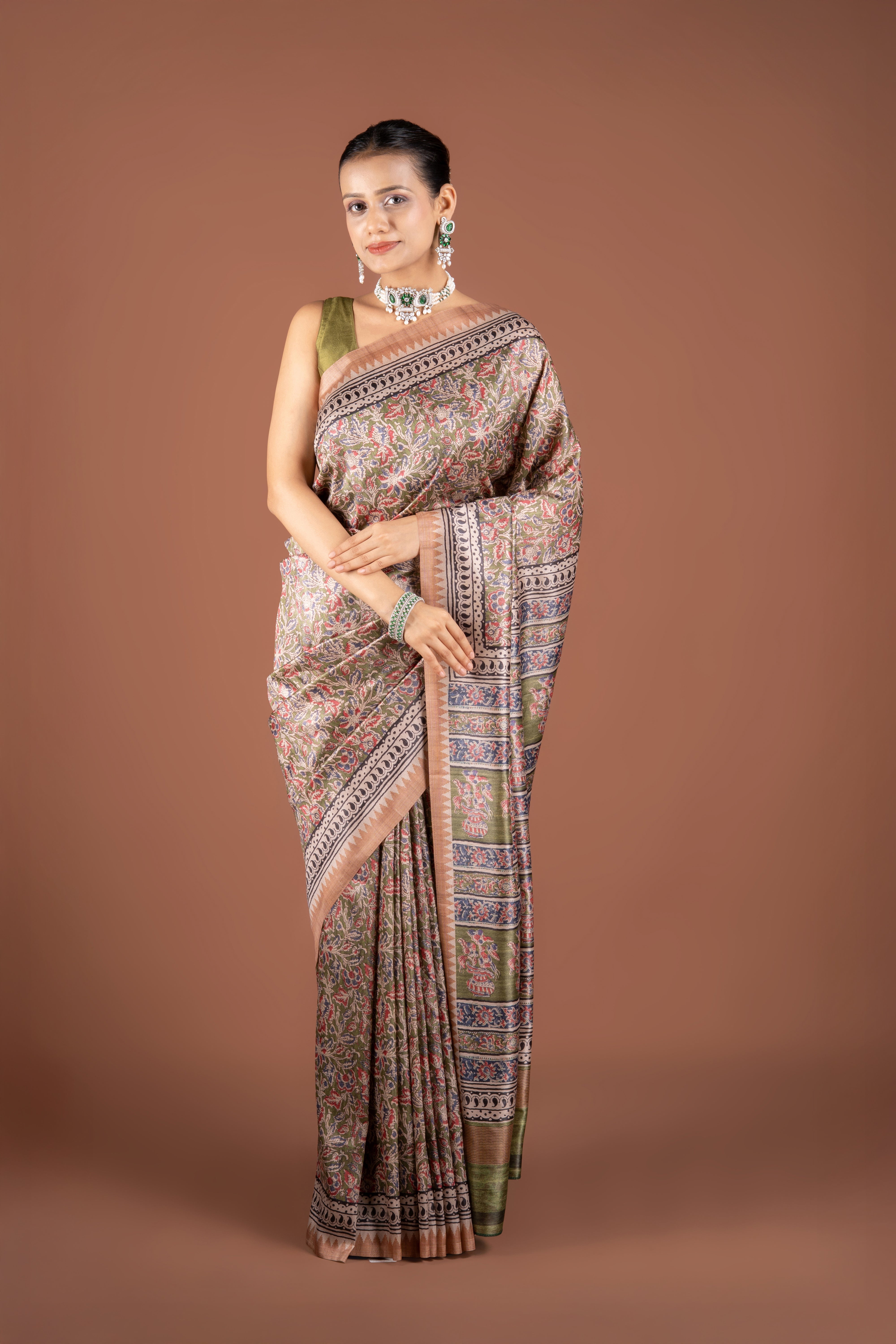 Green Dupion Silk Saree with Floral Print