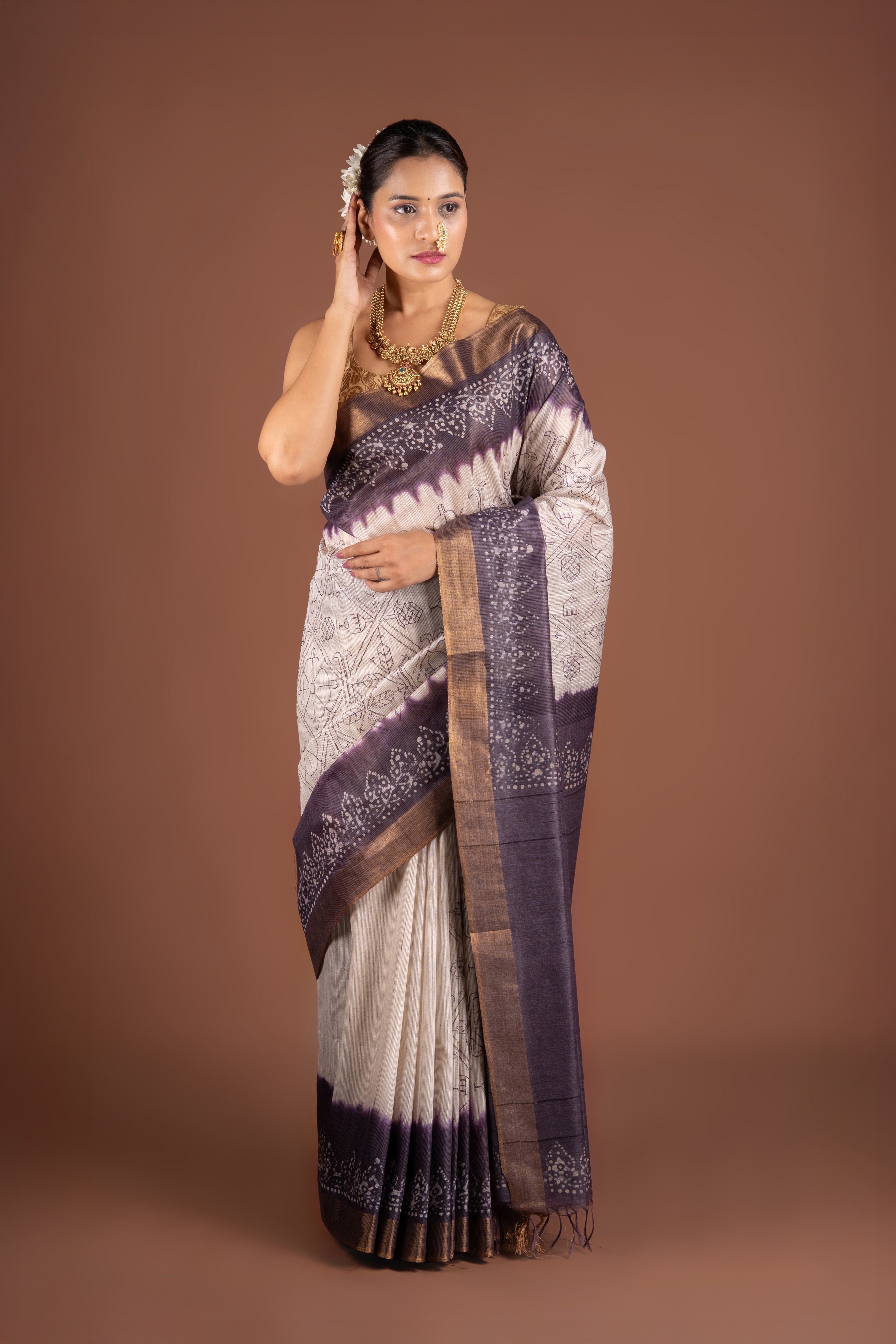 Cream and Purple Khadi Silk Saree with Batik Print
