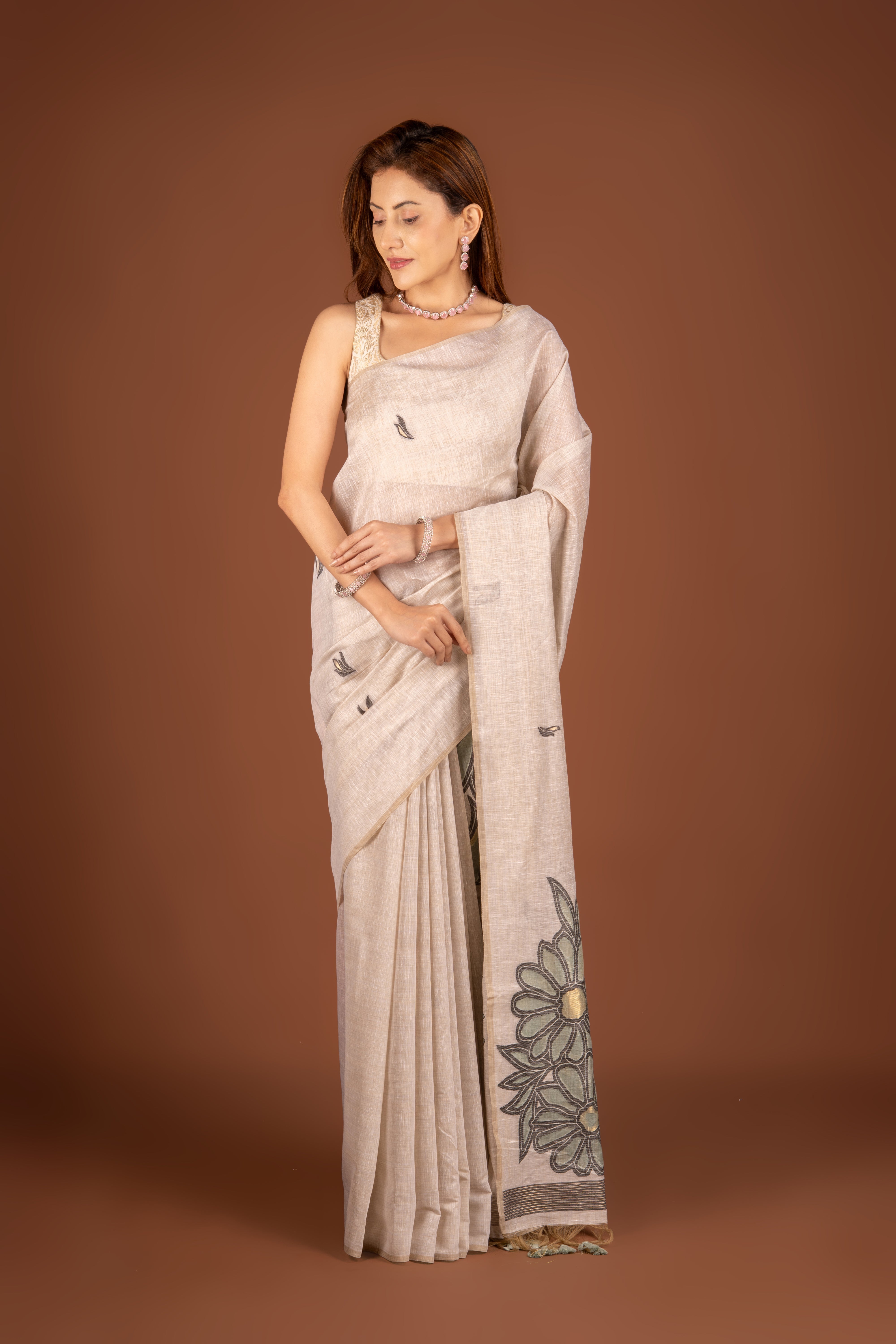 Cream Cotton Saree with Threadwork