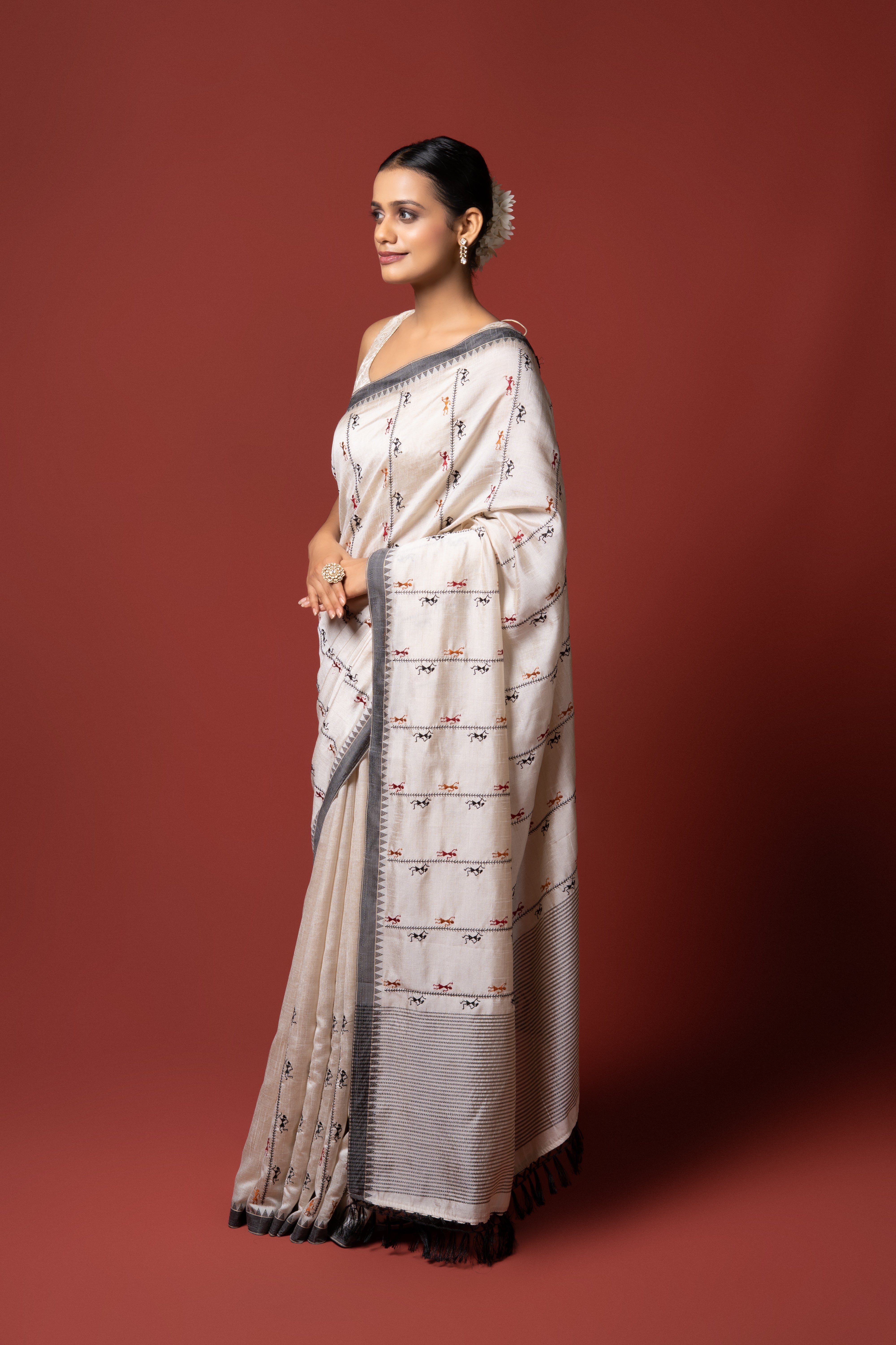 Cream Tussar Silk Saree with Waril Work