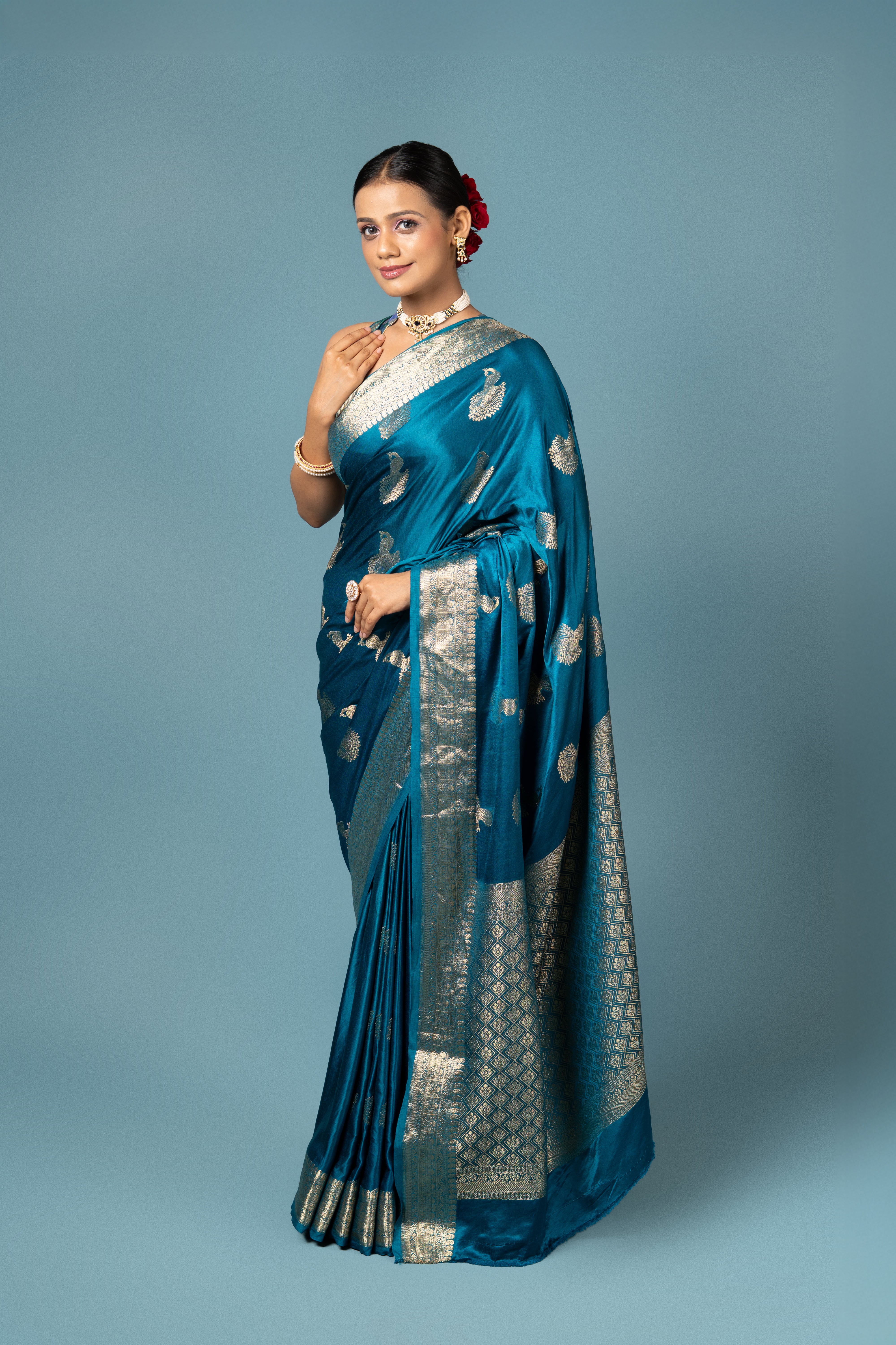 Peacock Blue Soft Silk Banarasi Saree