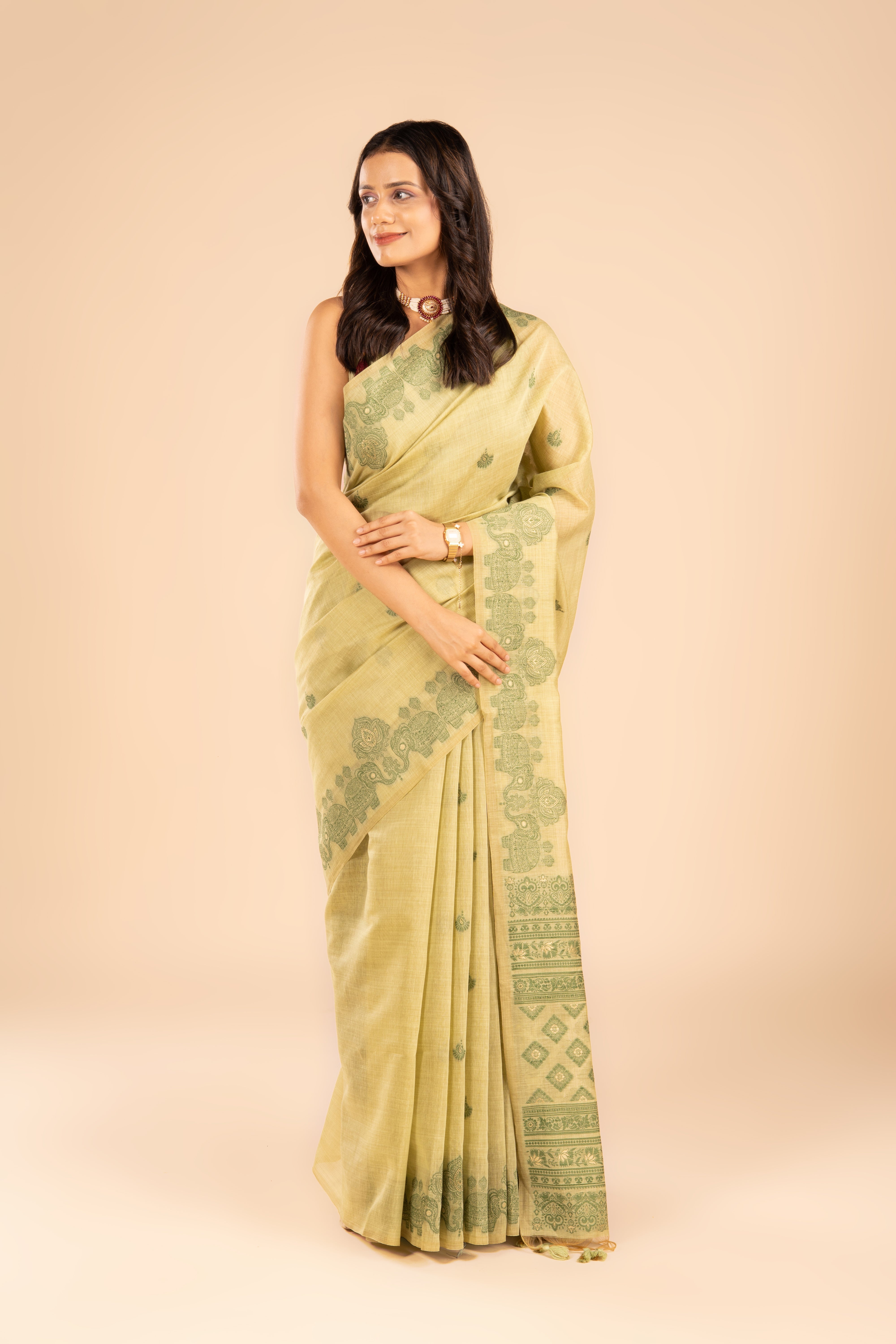 Green Cotton Saree with Threadwork