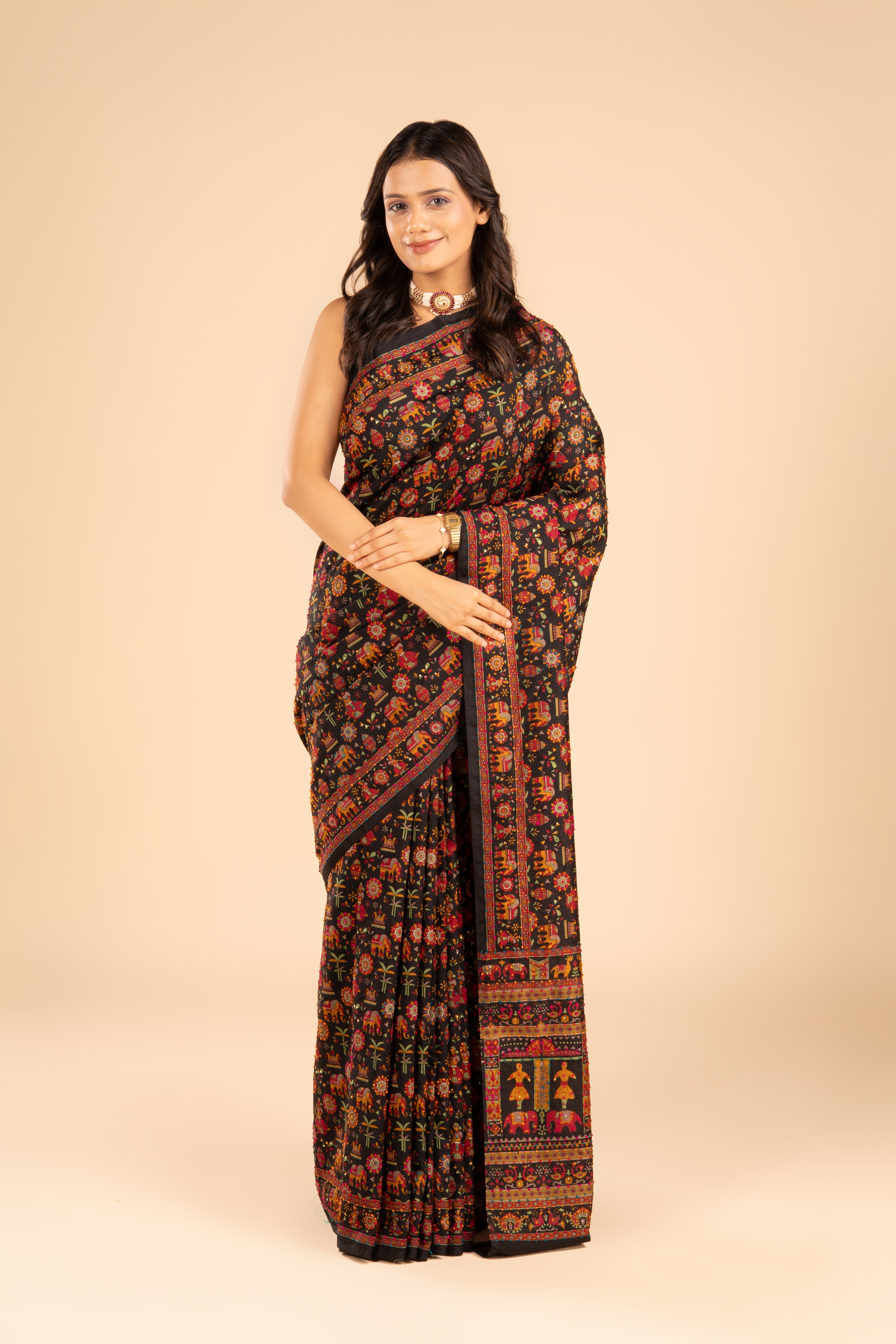 Black Tussar Silk Saree with French Knot threadwork