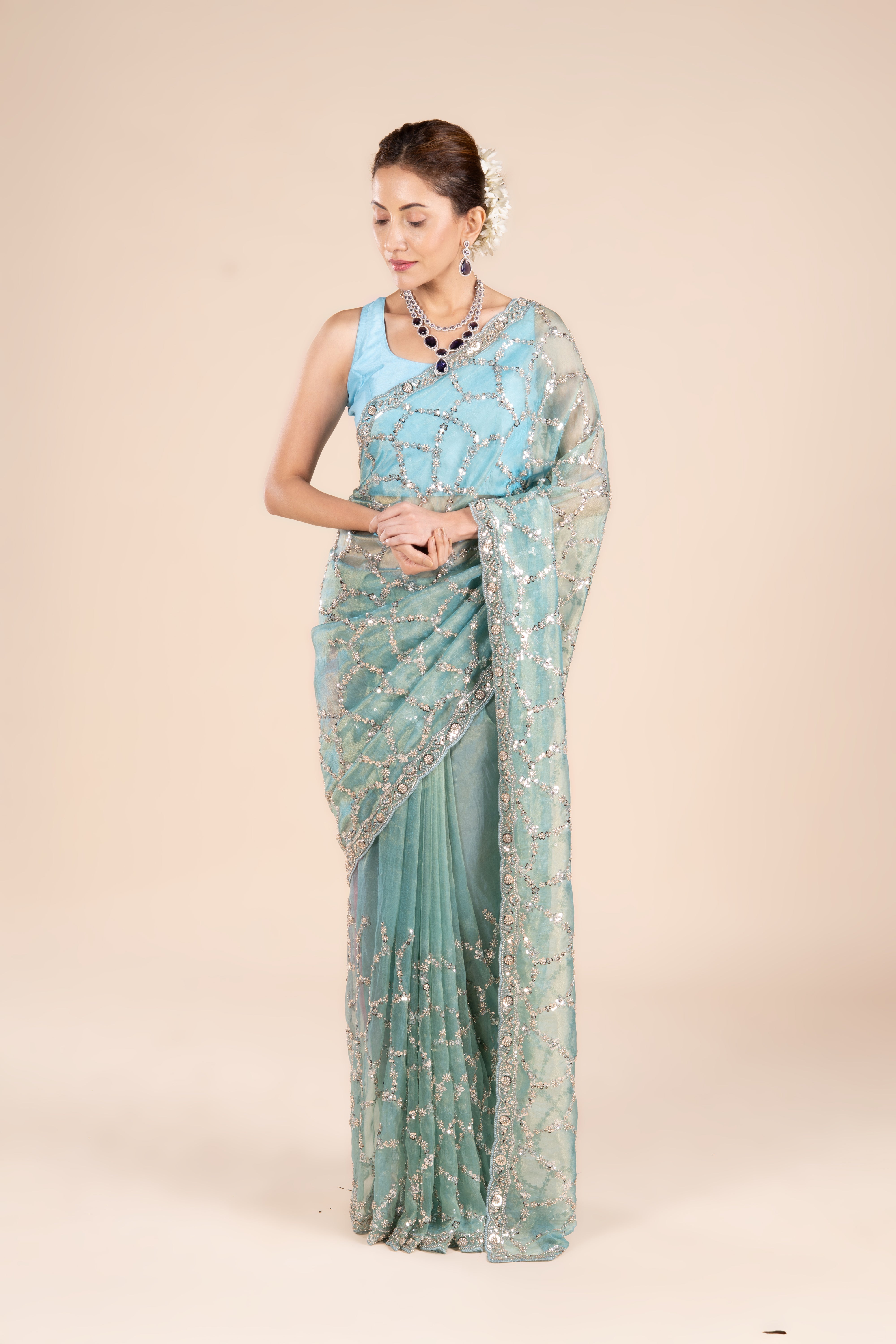 Blue Organza Saree with Stonework