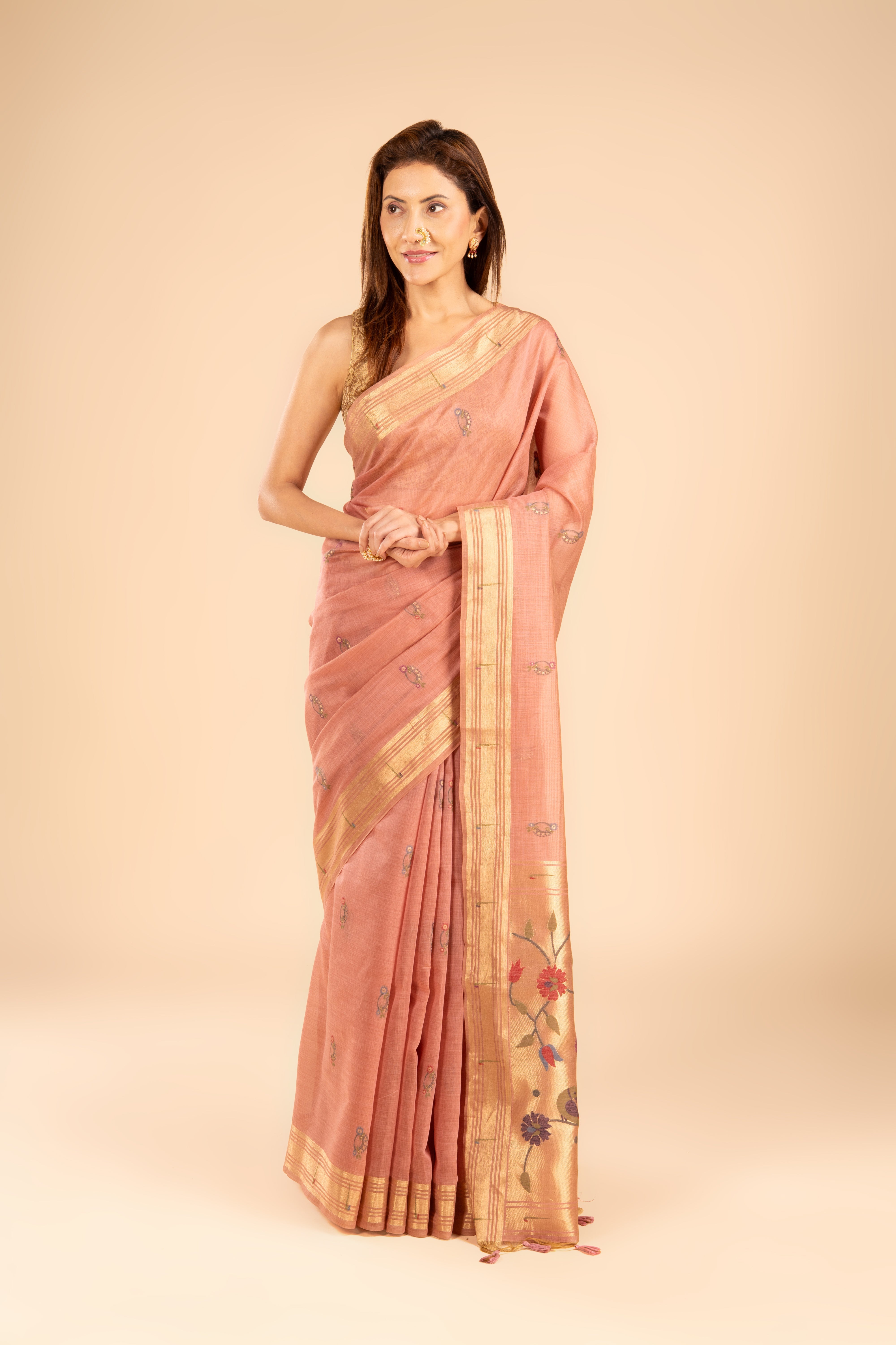 Dusty Pink Cotton Paithani Saree