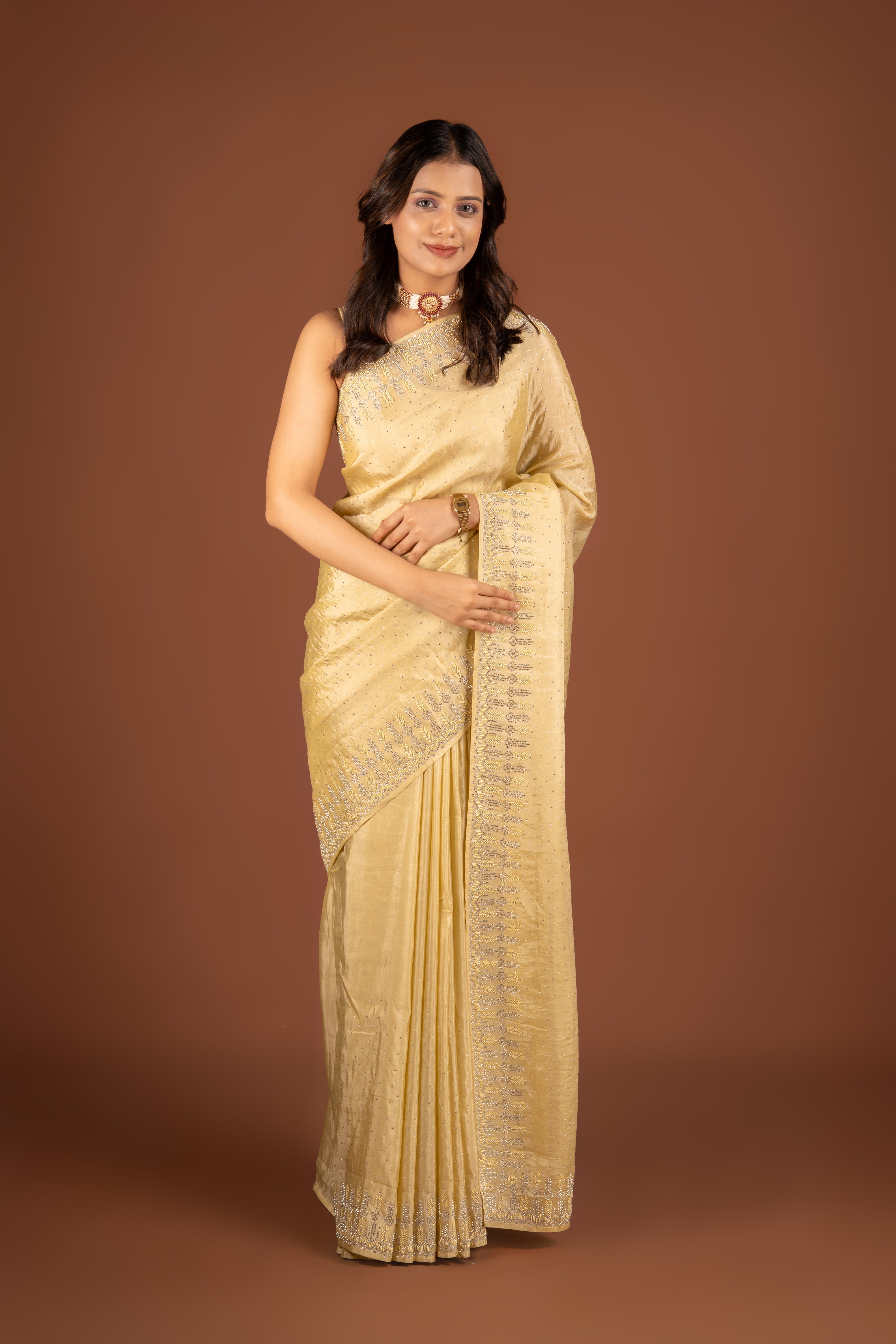 Yellow Georgette Saree With Stone Work