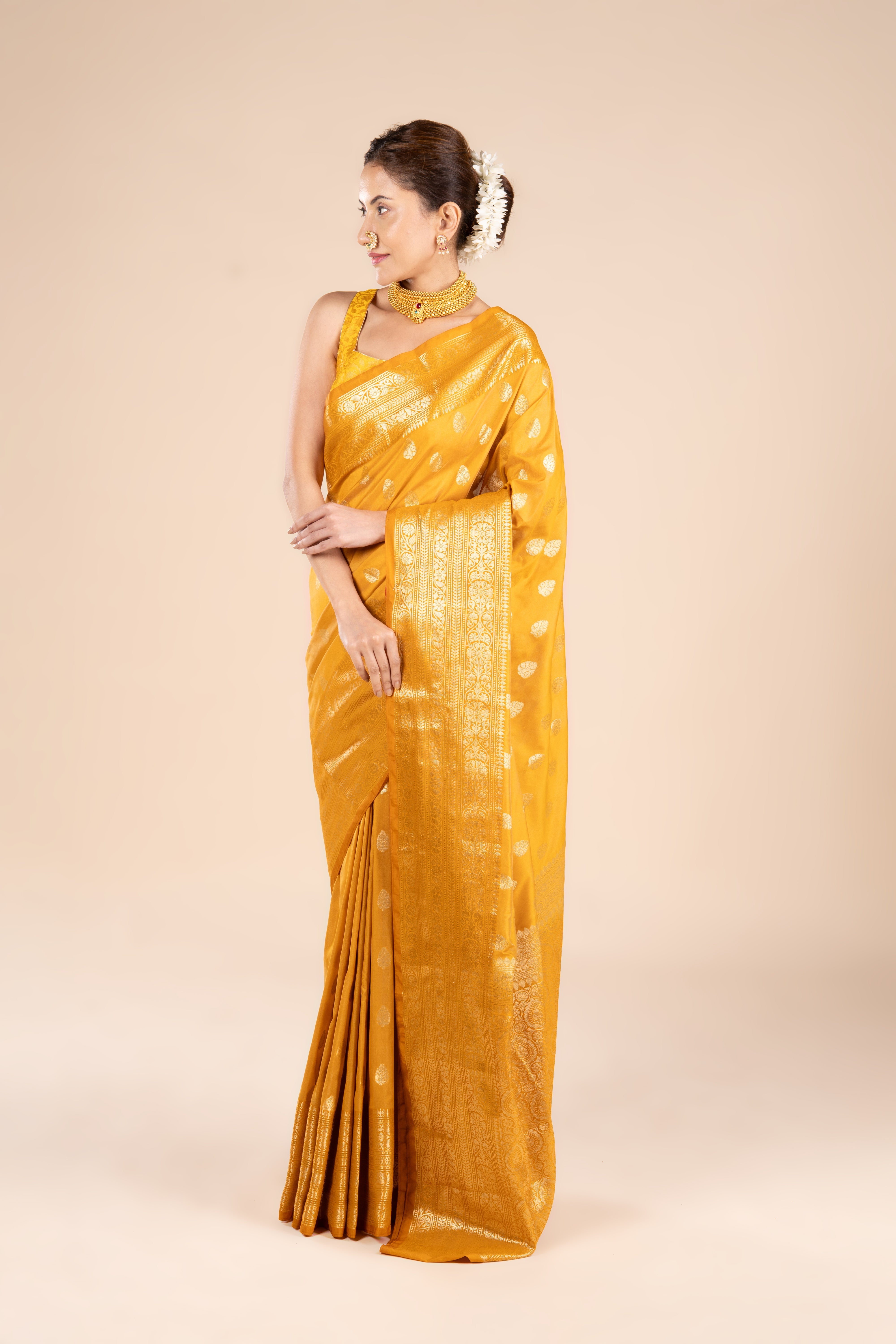 Mustard Yellow Kora Silk Banarasi Saree