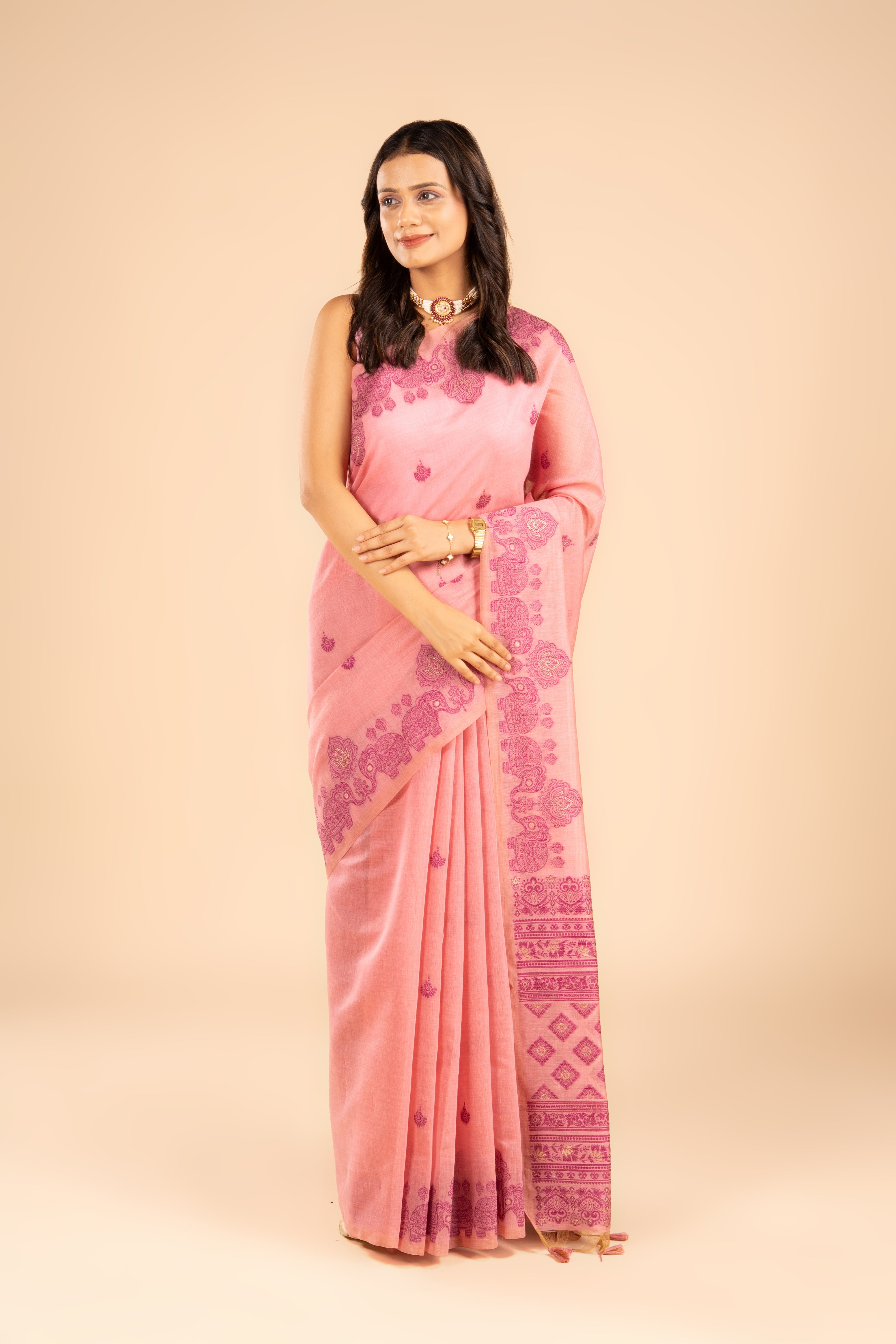 Pink Cotton Saree with Threadwork