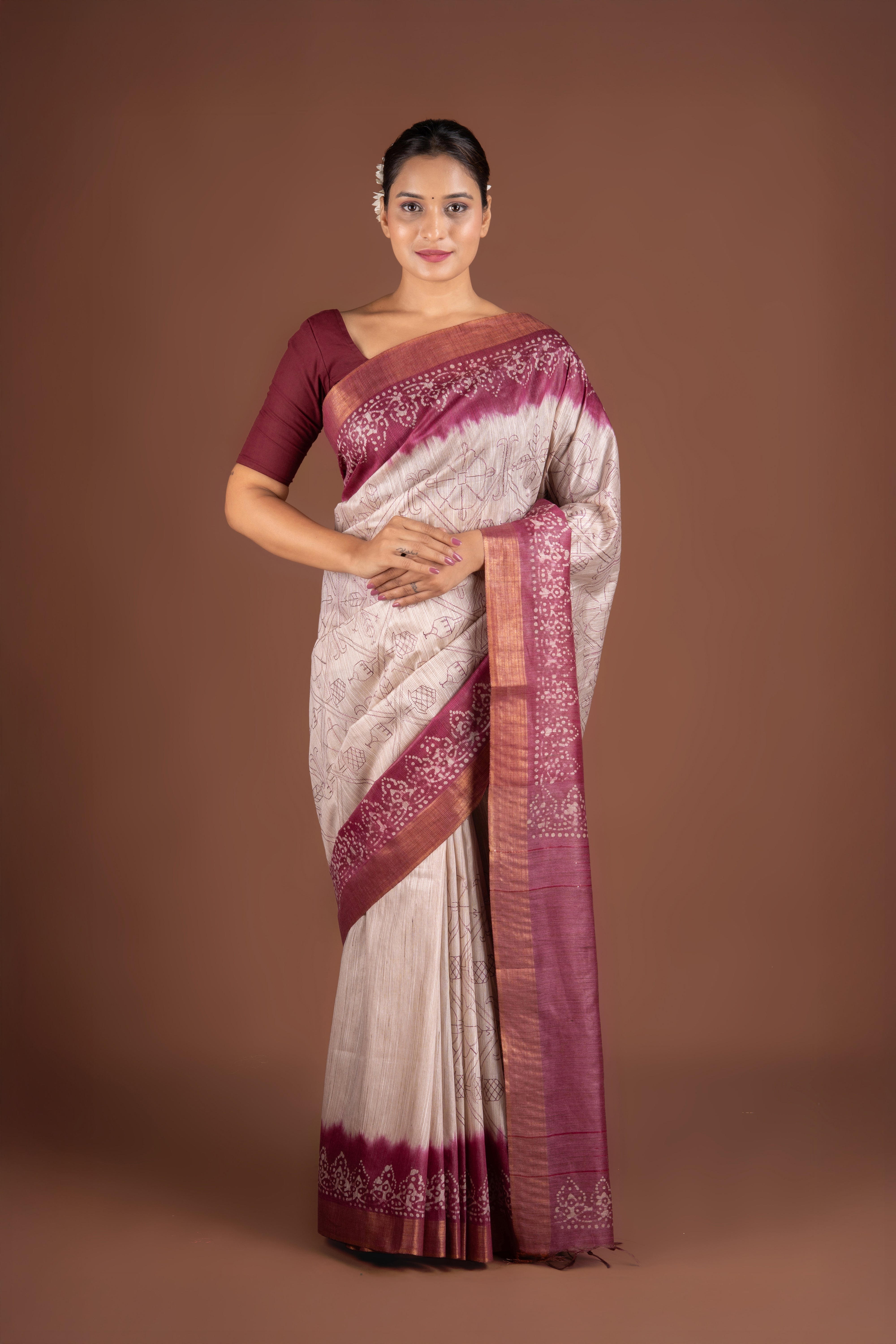 Cream and Pink Khadi Silk Saree with Batik Print
