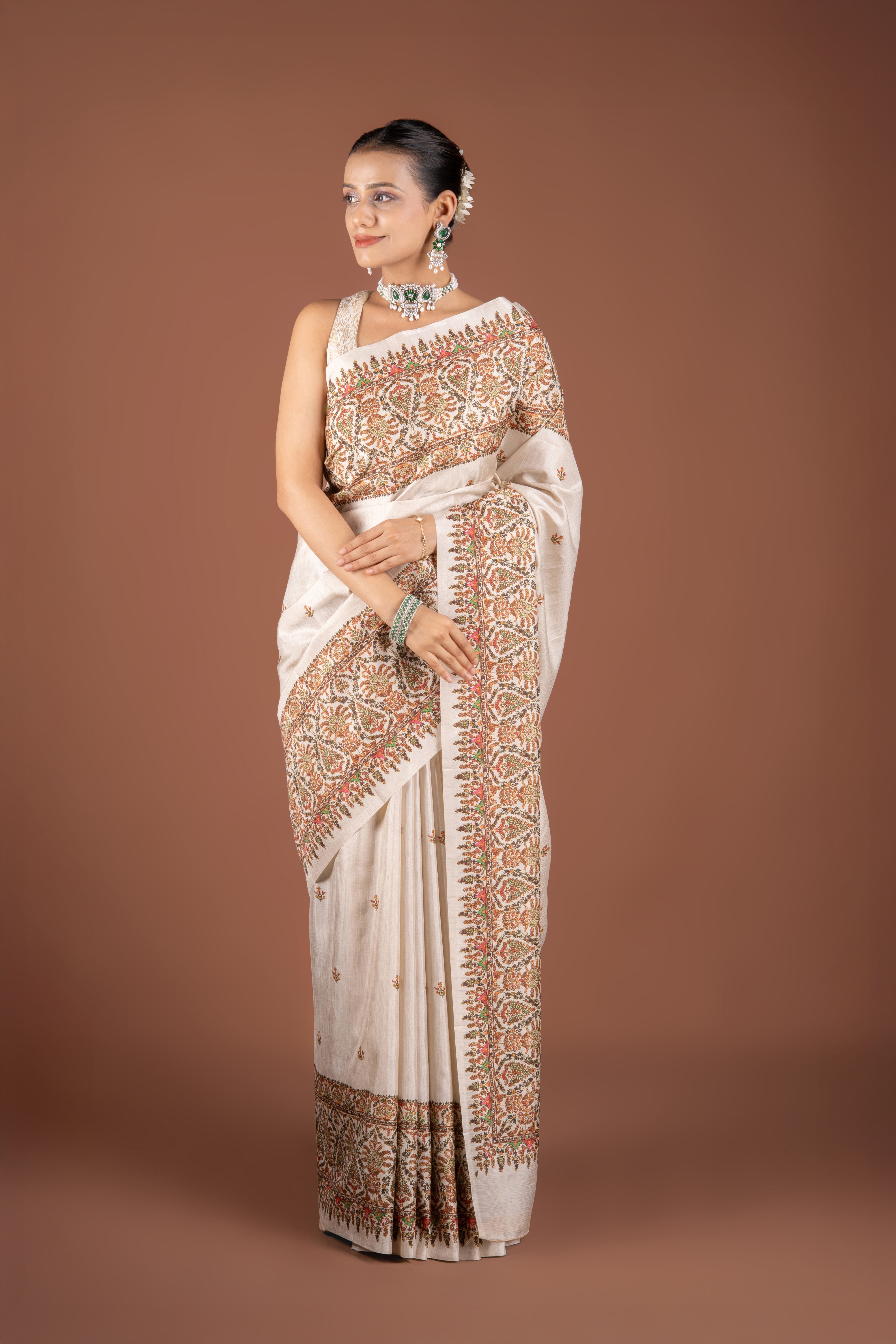 Cream Tussar Silk Saree with Block Print