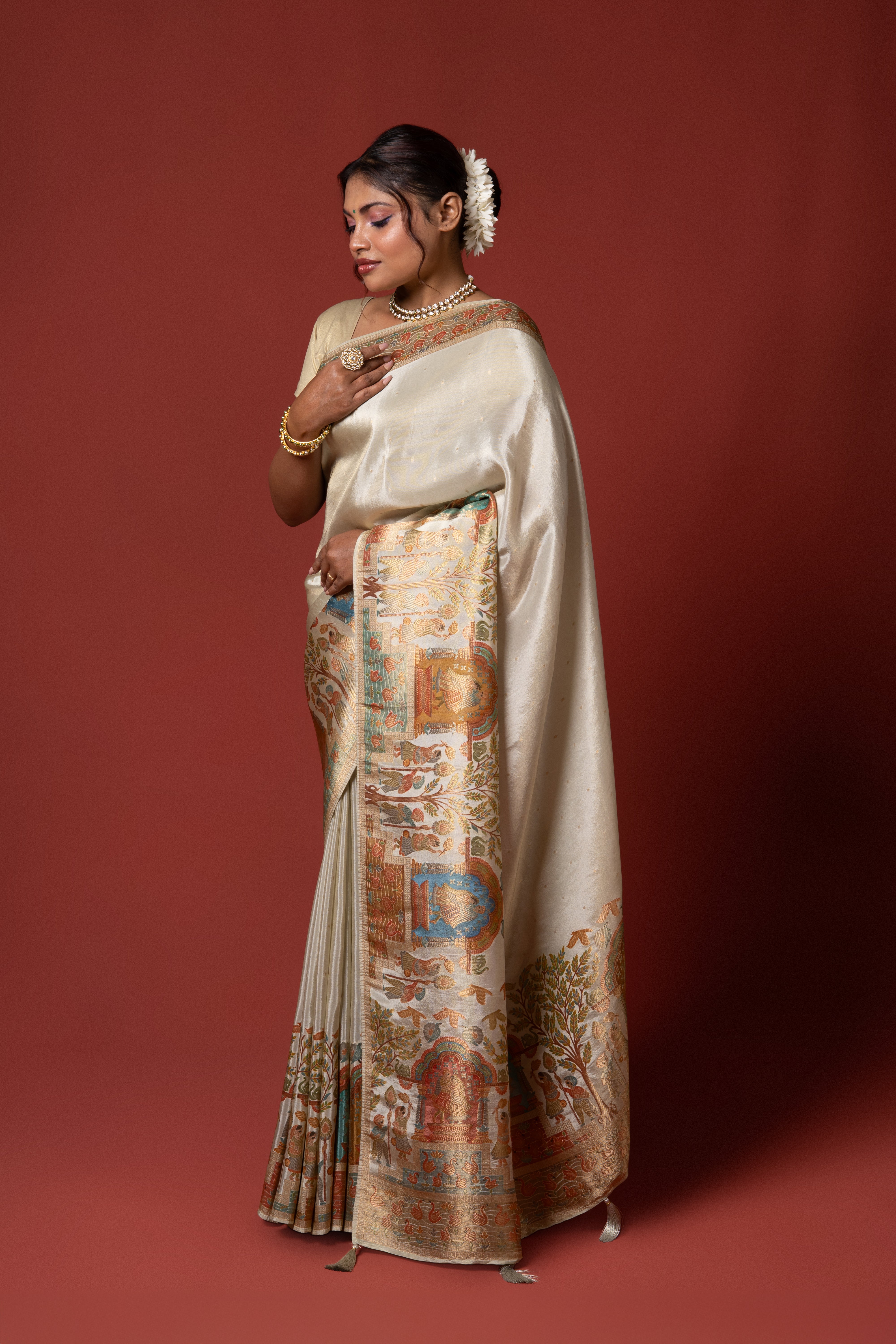 Cream Tussar Silk Saree