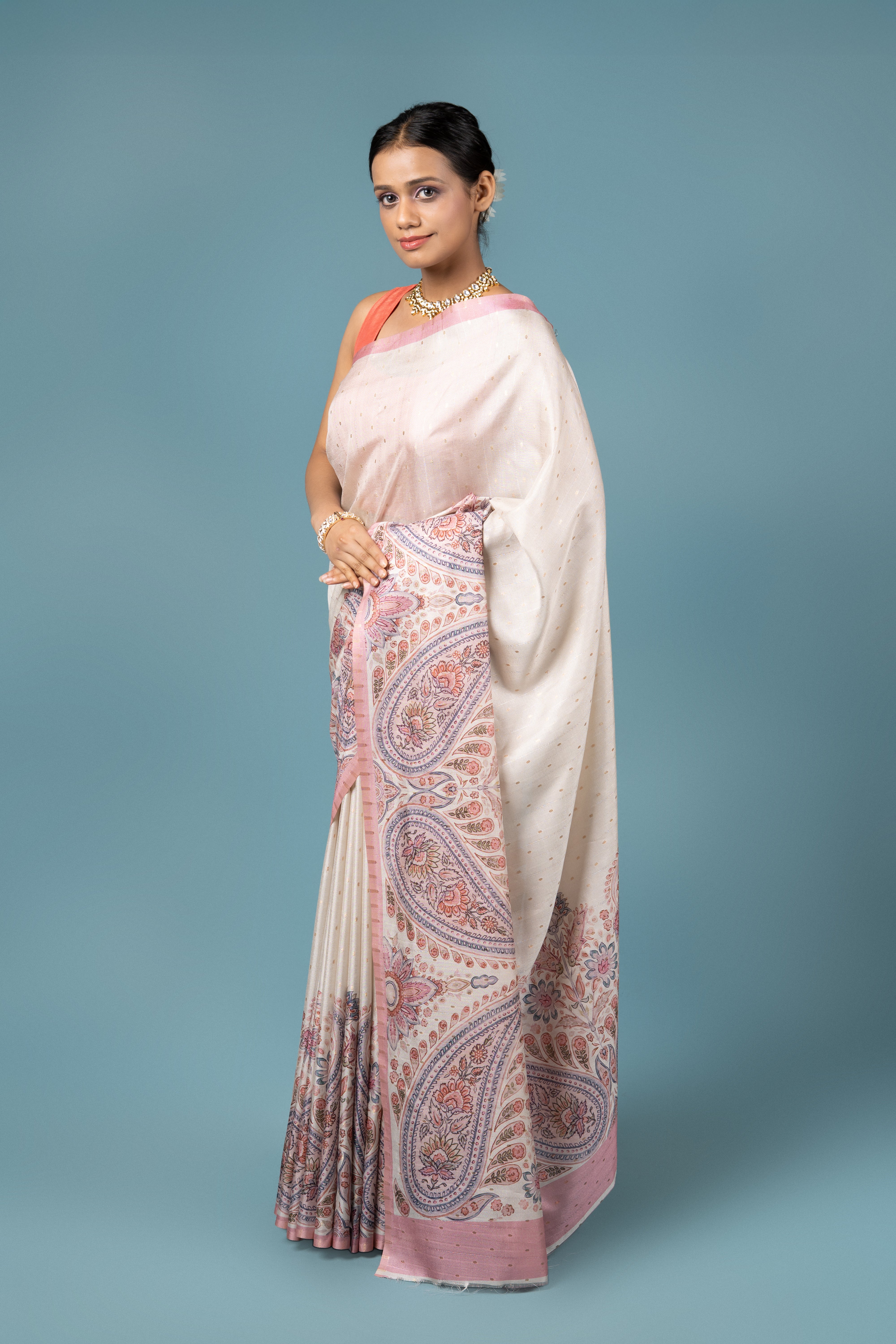 Cream Tussar Silk Saree