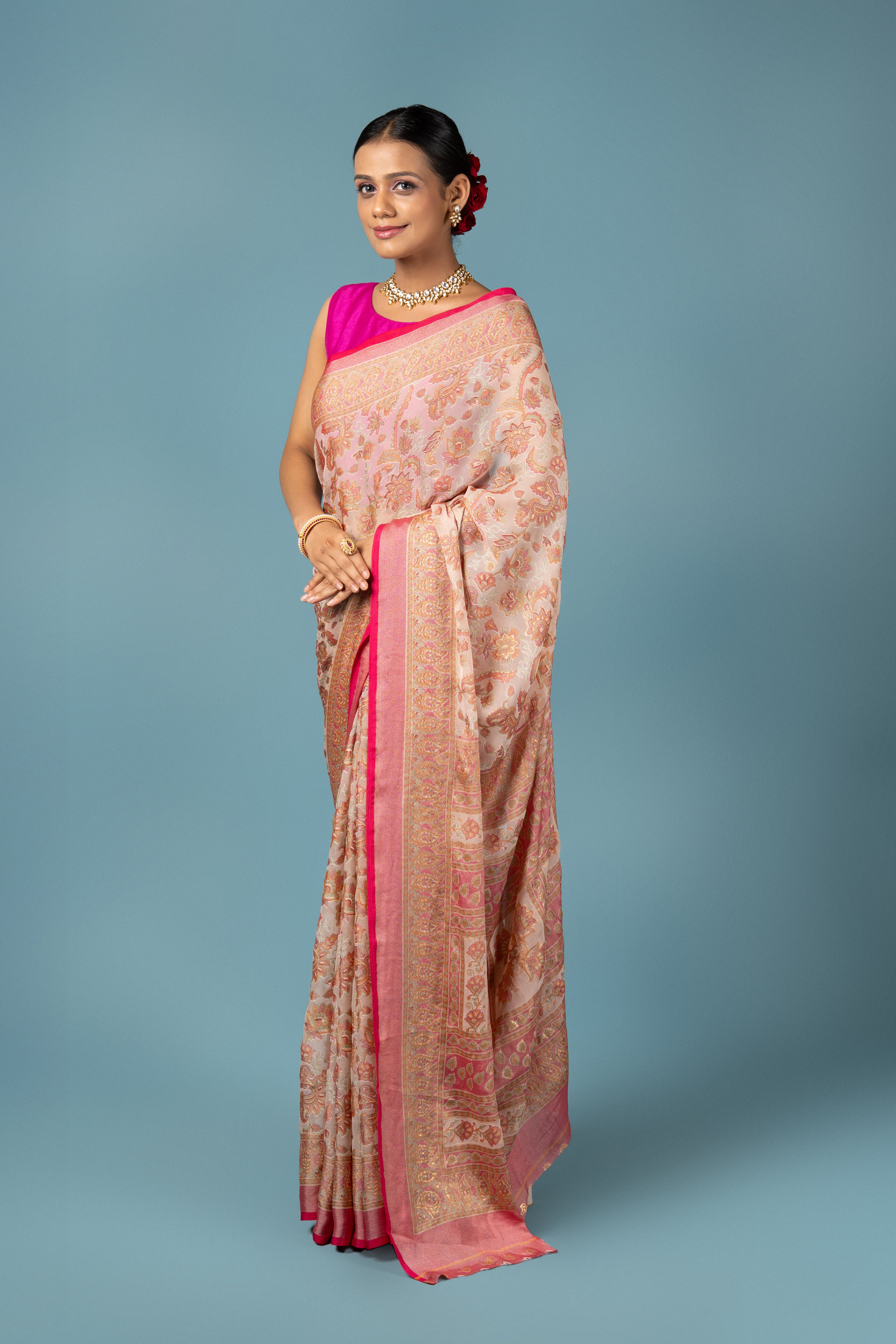 Cream Georgette Saree With Embossed Work
