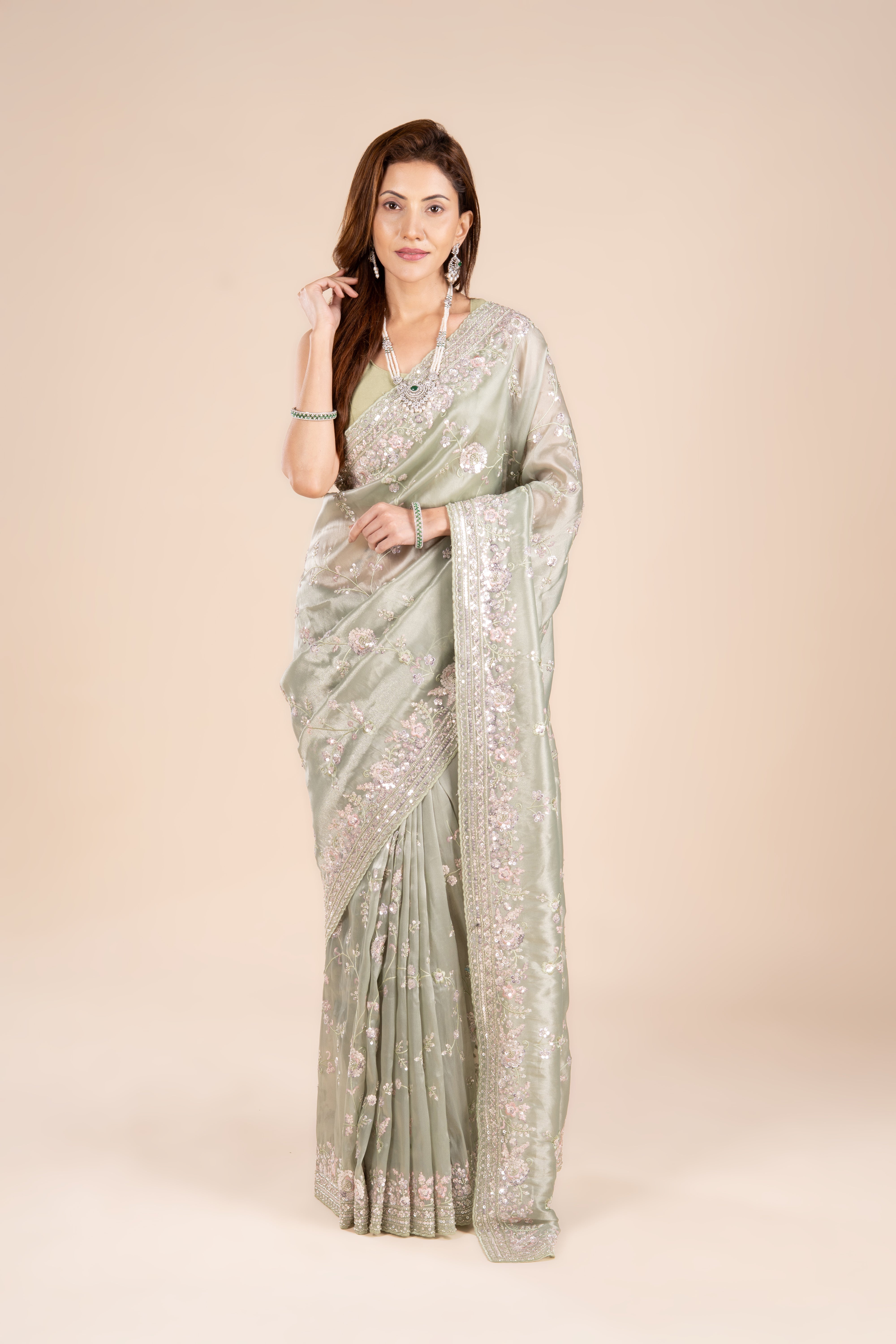 Pastel Green Organza Saree with Sequins and Threadwork