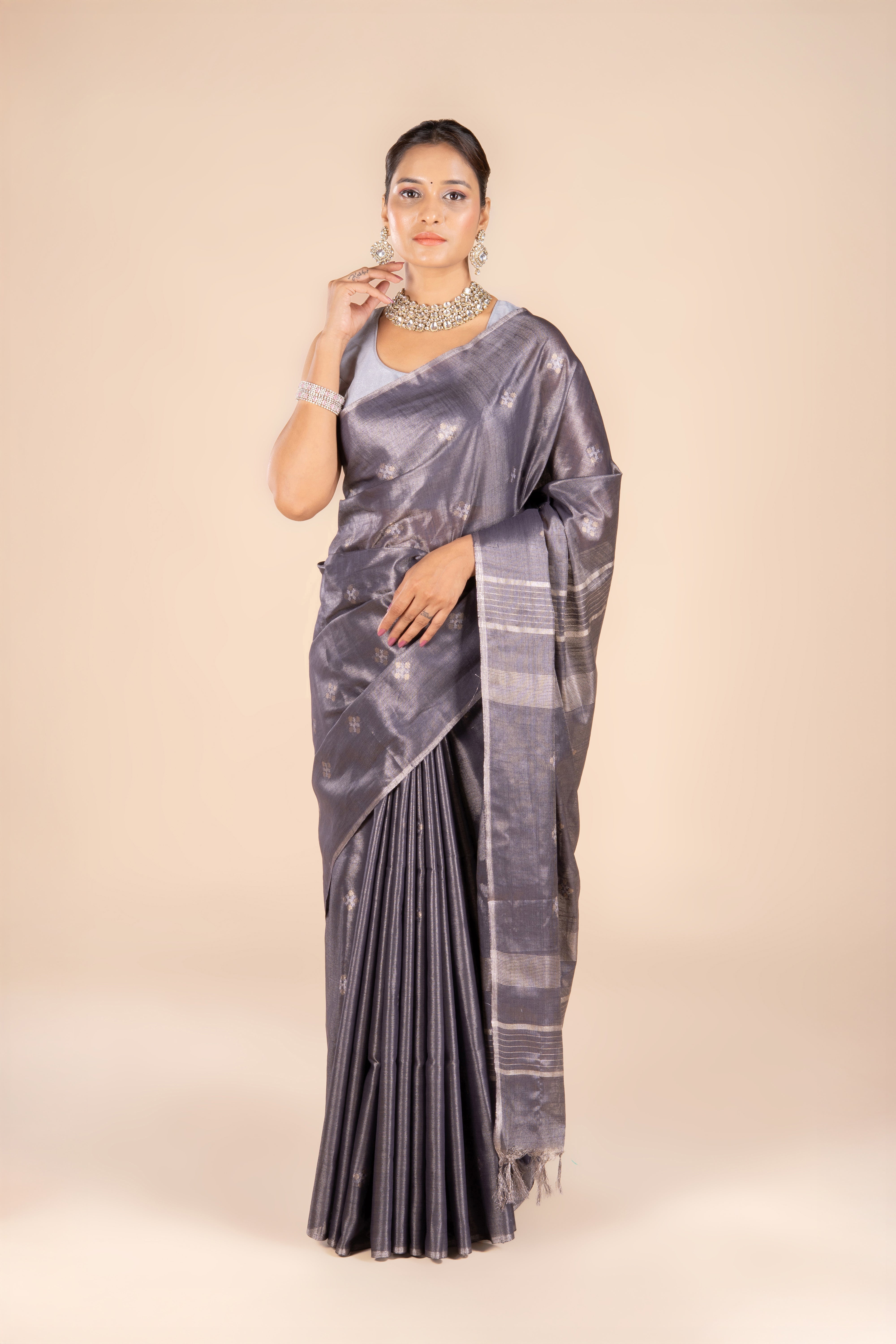 Grey Tussar Silk Saree