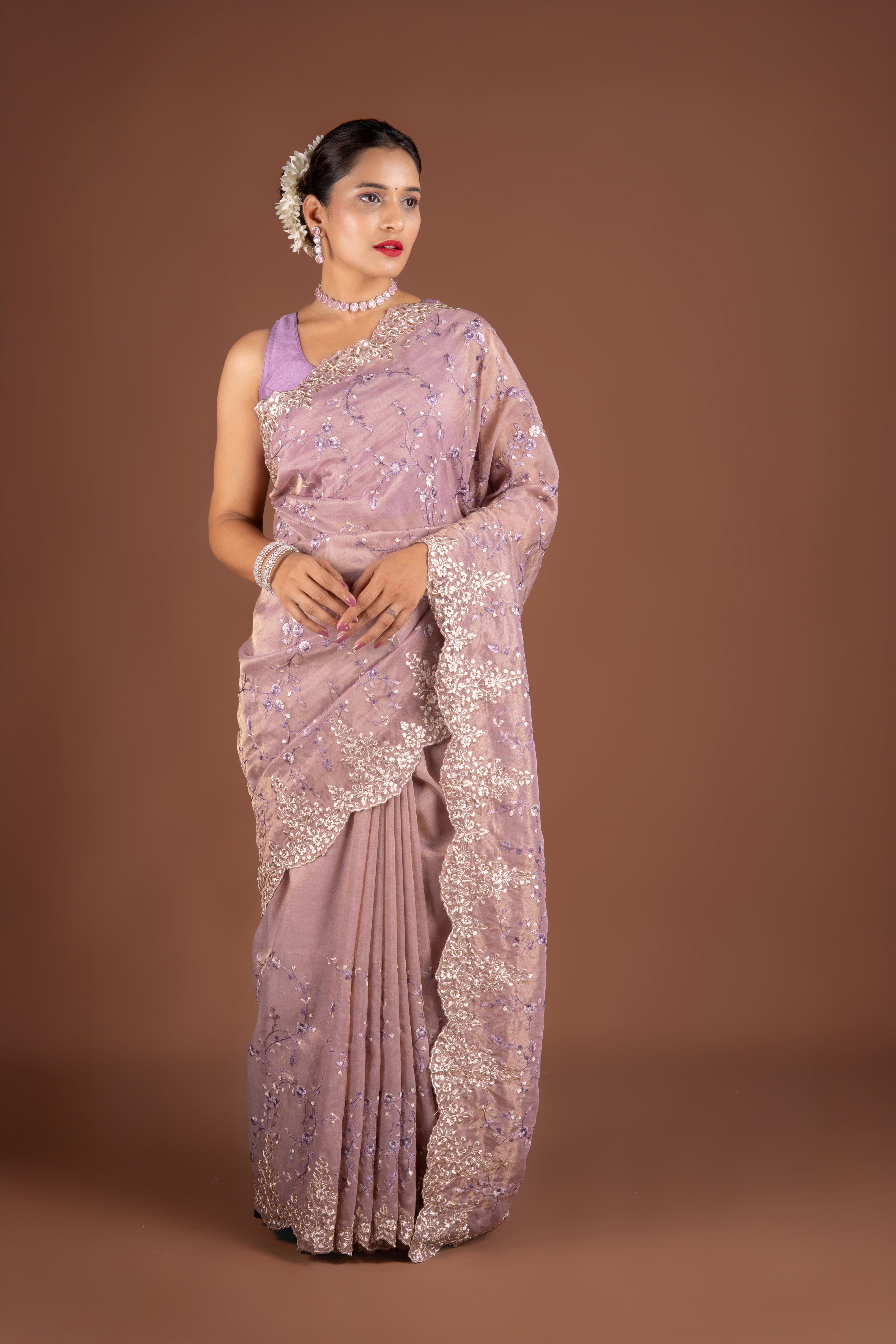 Pastel Purple Organza Saree with Jaal Threadwork