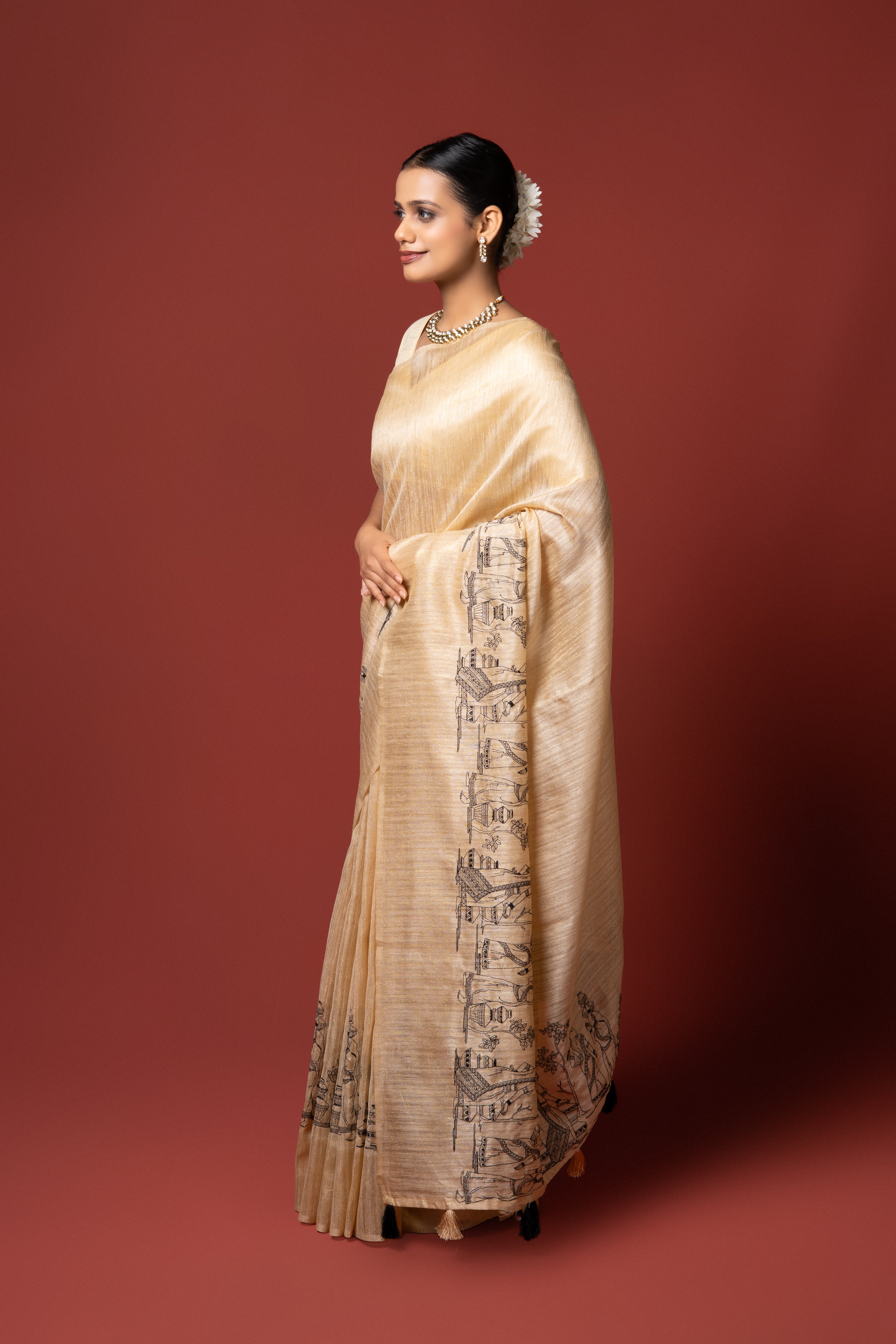 Cream Tussar Silk Saree with Thread Work