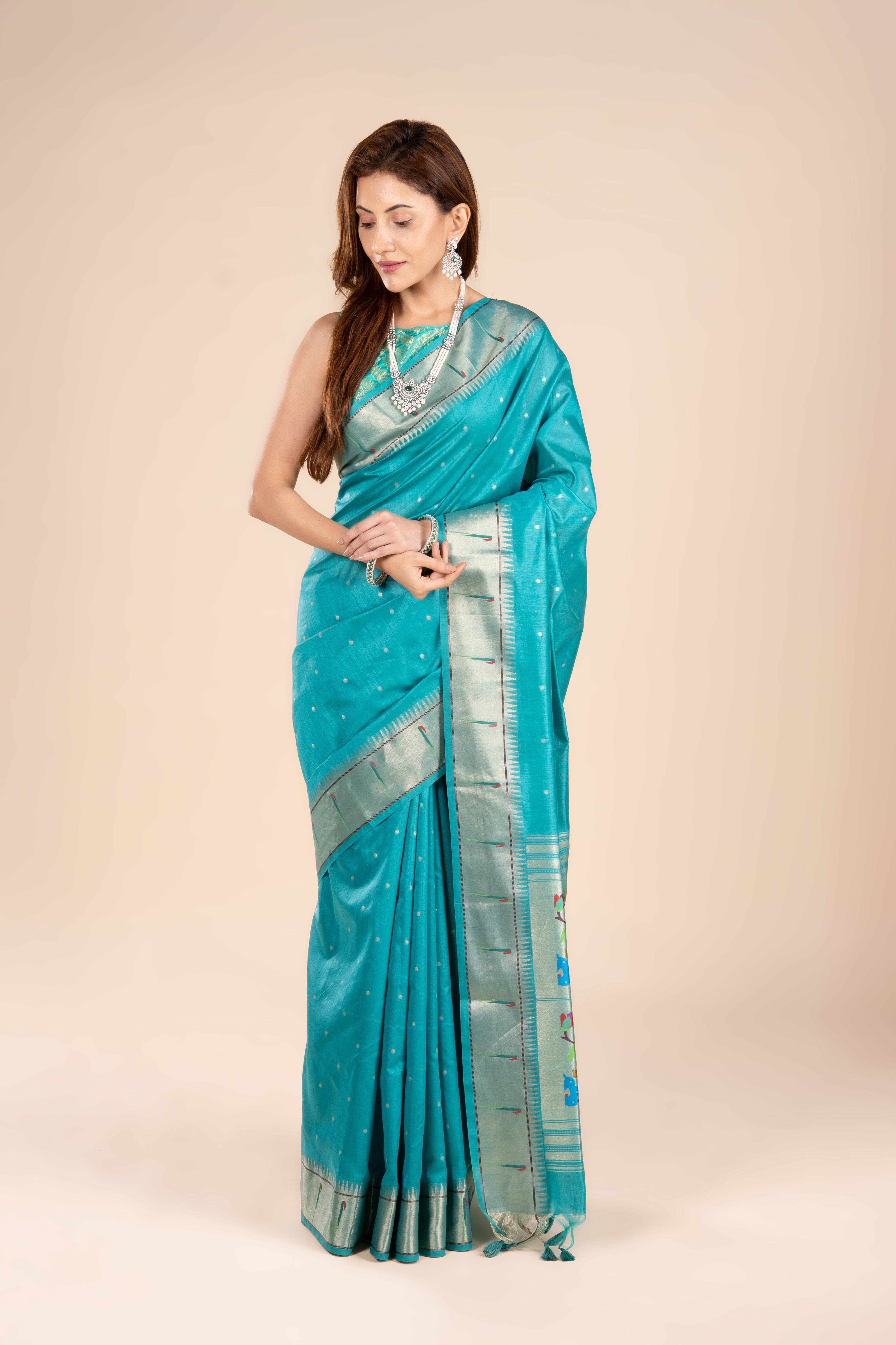 Sea Green Tussar Silk Paithani Saree with Munya Border