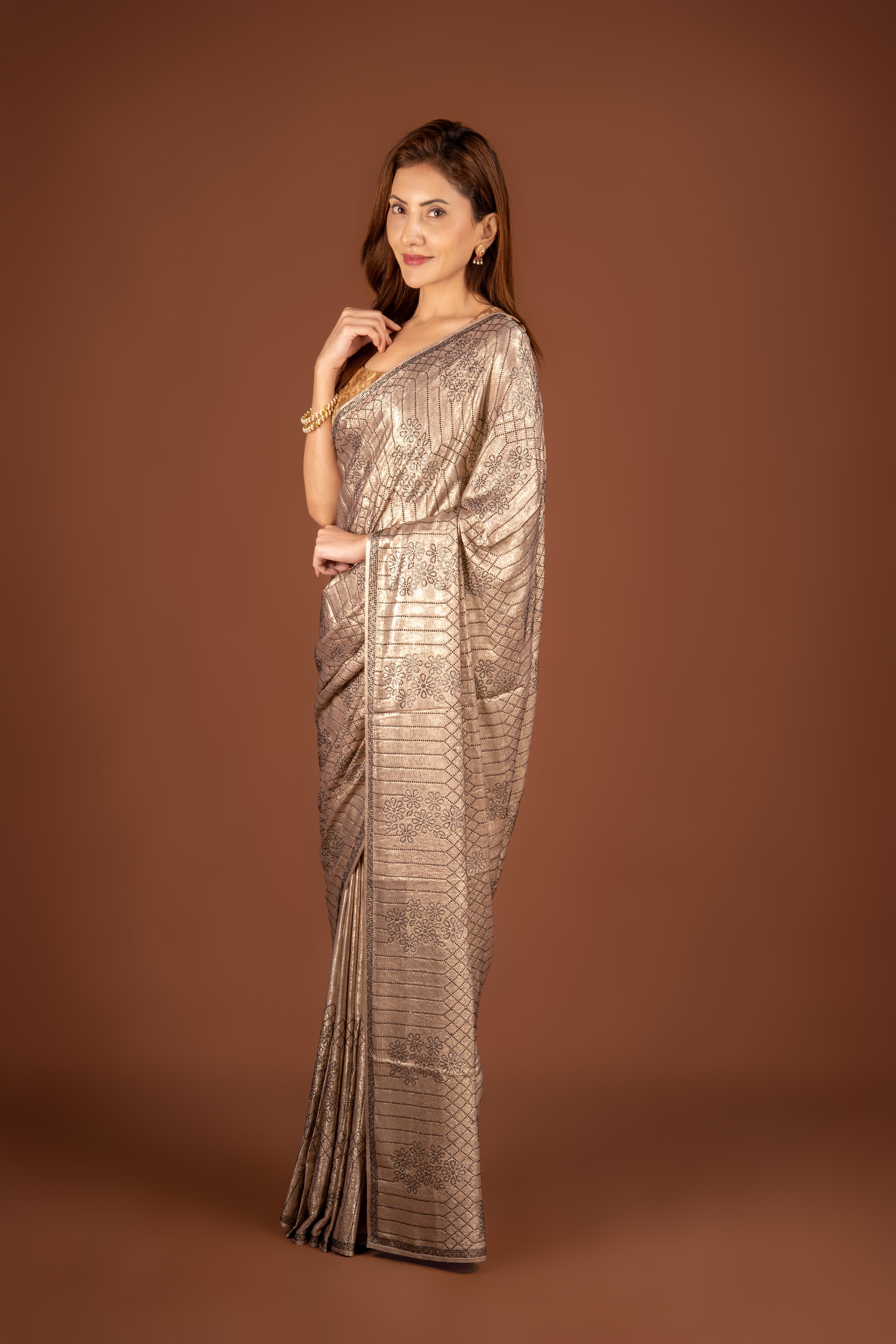 Bronze Crepe Saree with Stonework