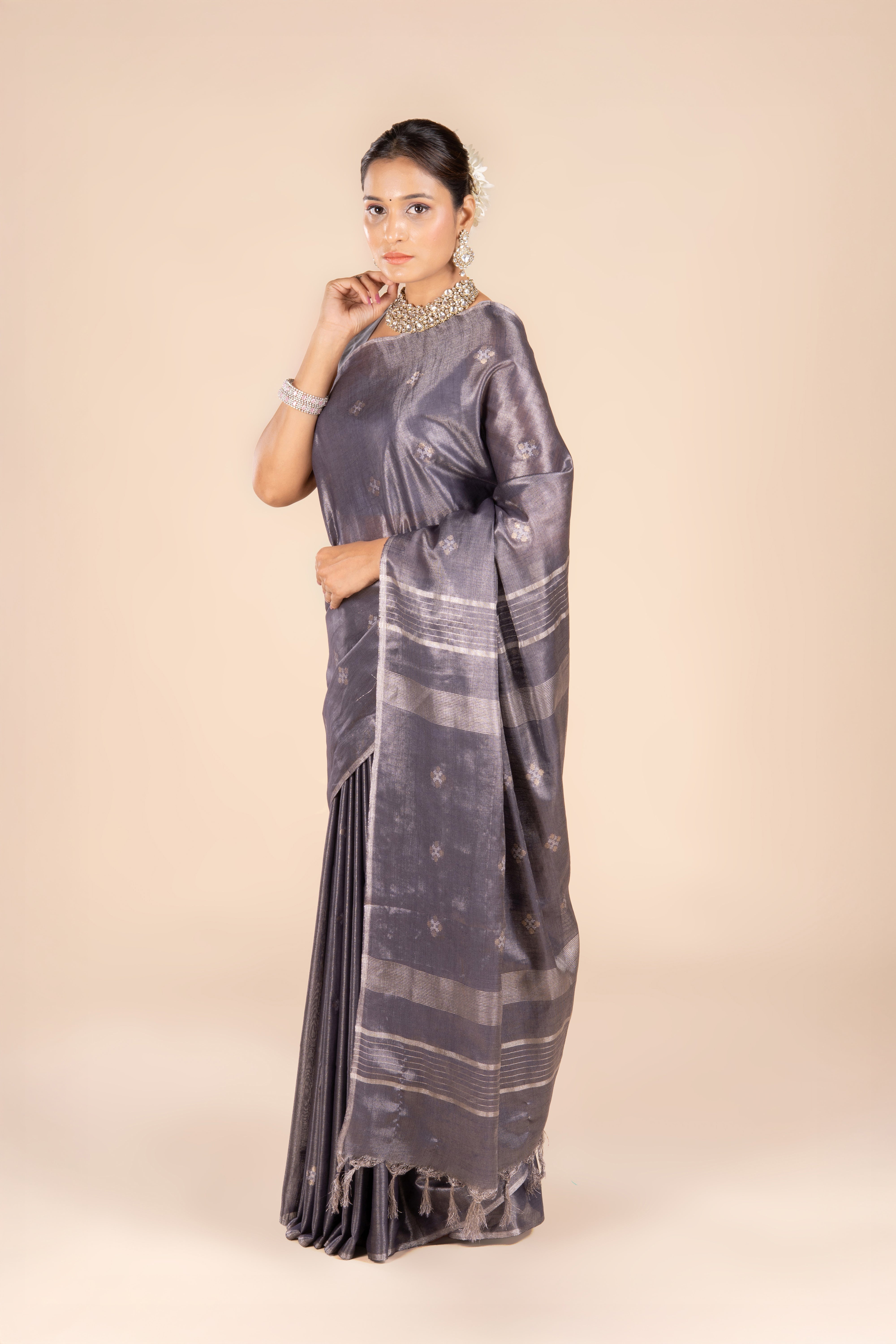 Grey Tussar Silk Saree