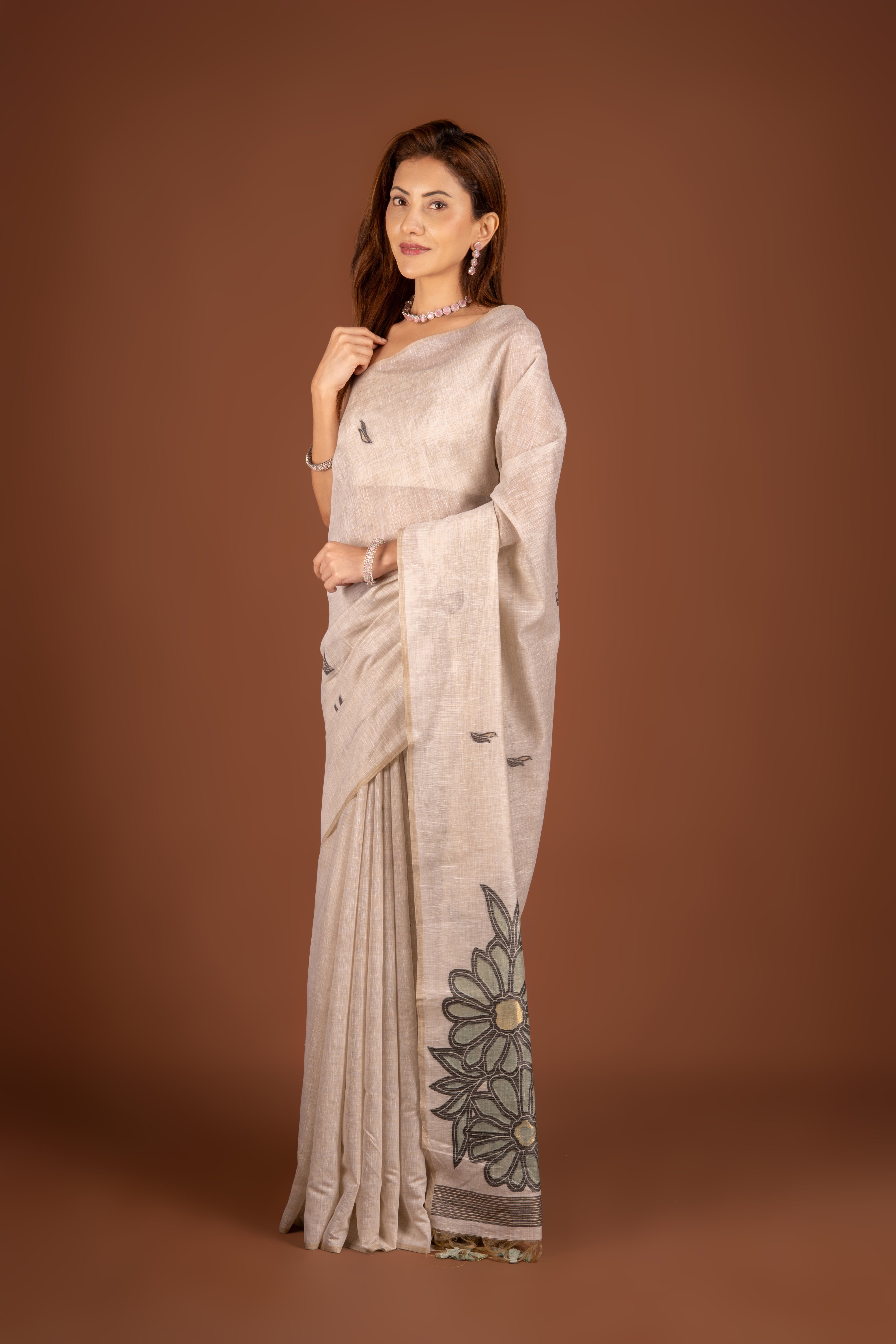 Cream Cotton Saree with Threadwork