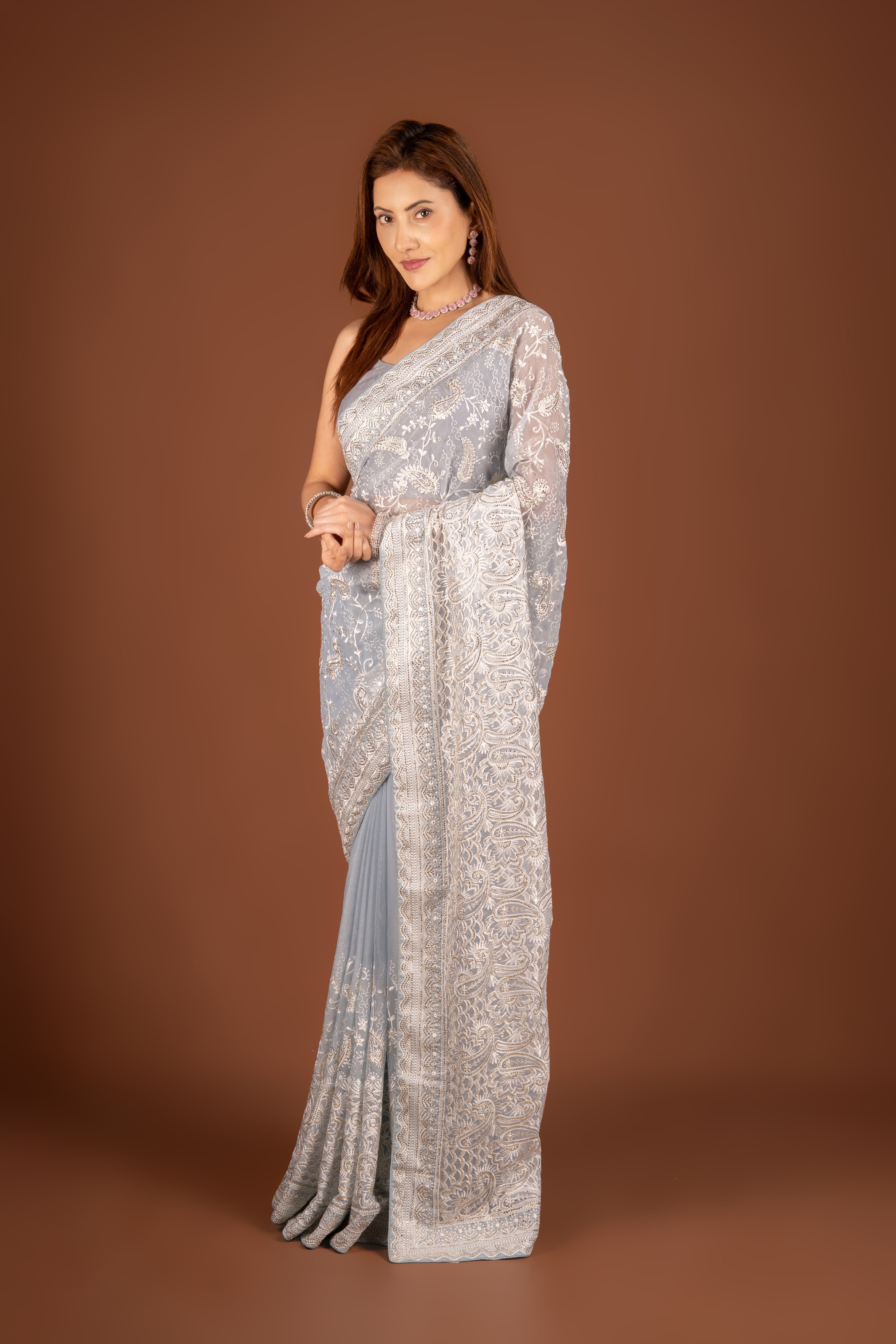 Pastel Blue Organza Saree with Stonework